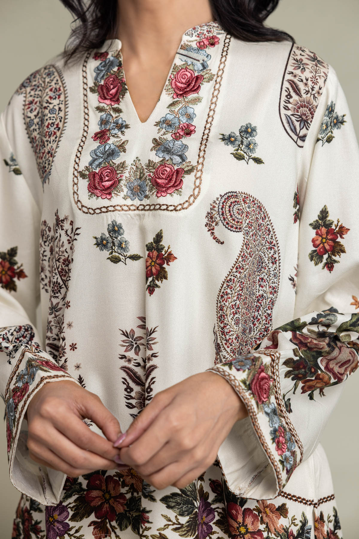 Embroidered Viscose Crepe Floral V-Neck Shirt - 1-26-229-B-F1-VG
