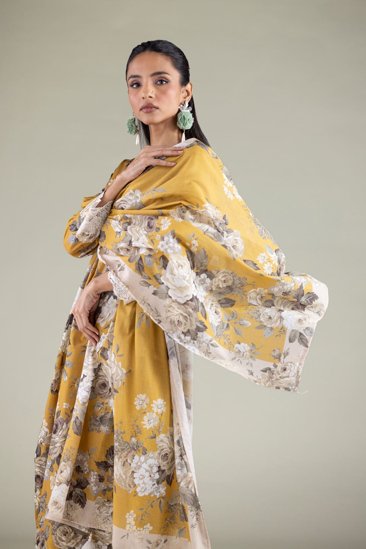 Embroidered Lawn Floral Draped Dupatta - 1-26-111-C-G-VG