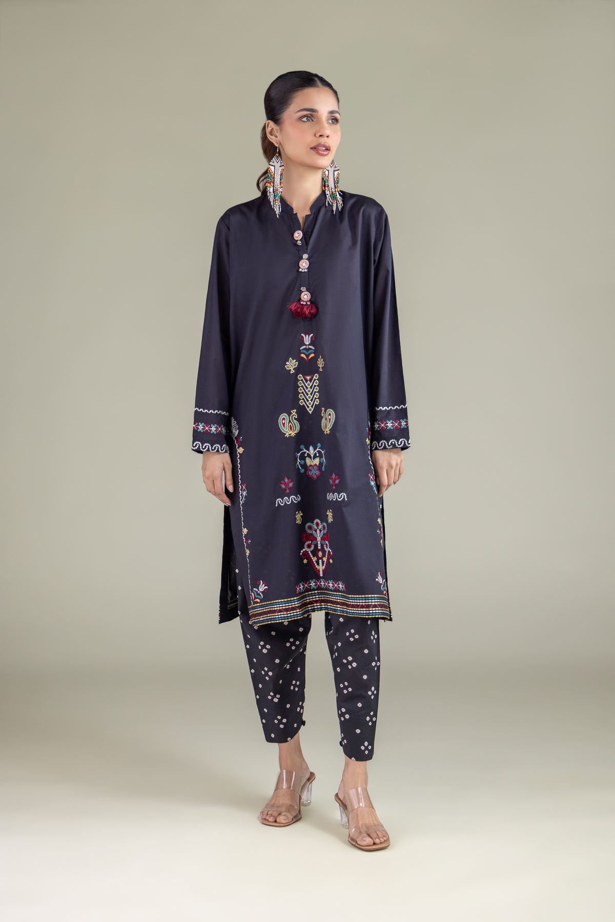 Embroidered Cambric Navy Pom-Pom Kurta - 1-26-117-A-E-VG