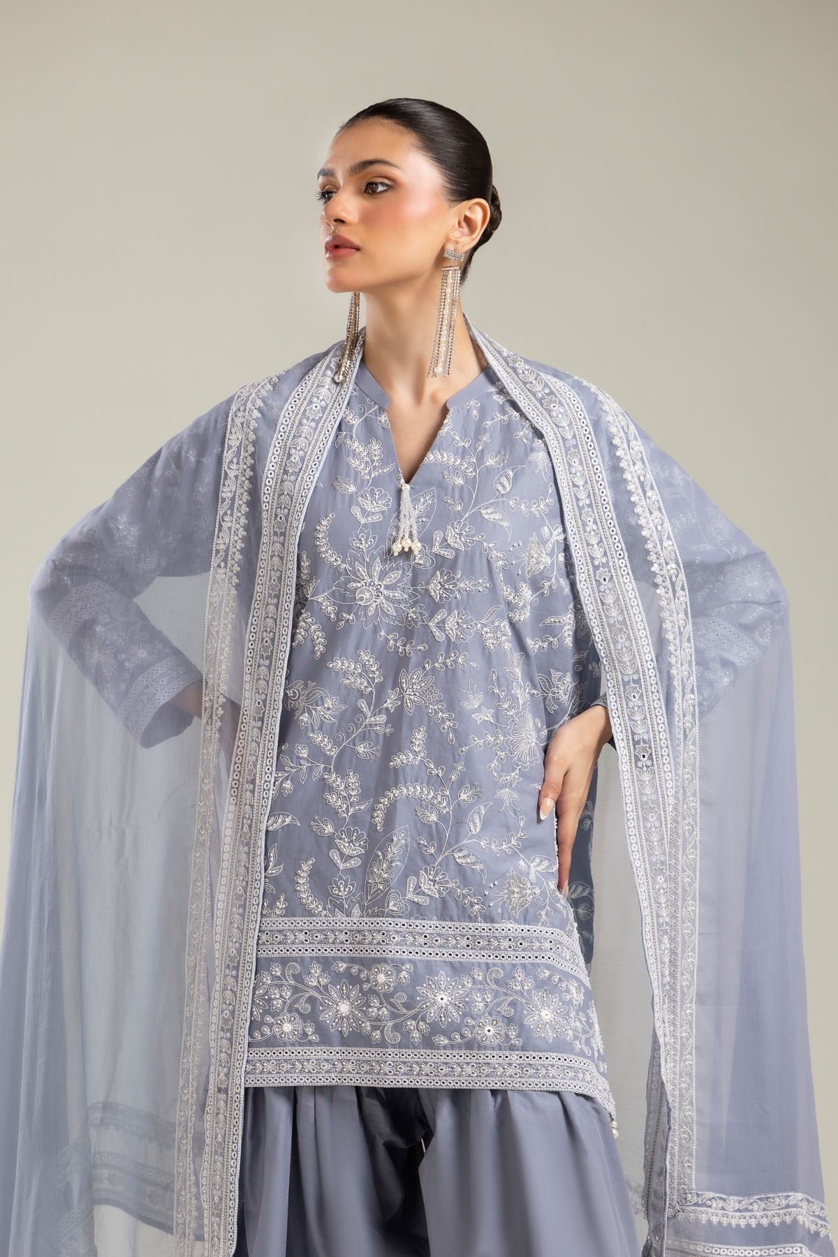 Embroidered Raw Silk 3 Piece Co-ord Set - 25-09-11E3-11TB-VG