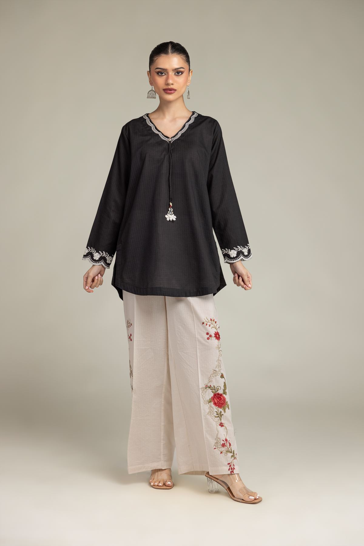 Embroidered Cotton Dobby Black V-Neck Kurta - 1-26-203-A-H1-VG