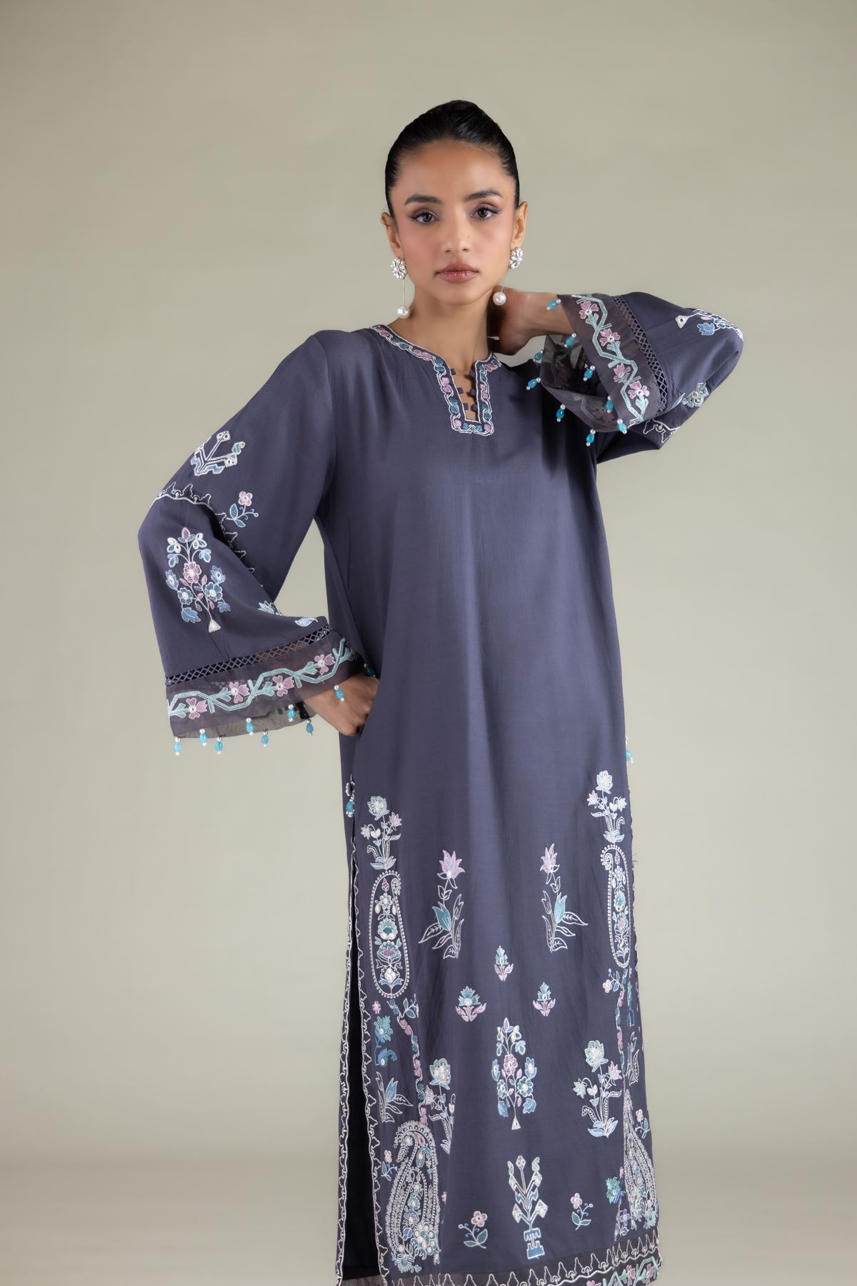 Embroidered Raw Silk Paisley Pearl Kurta - 1-26-126-A-A-VG