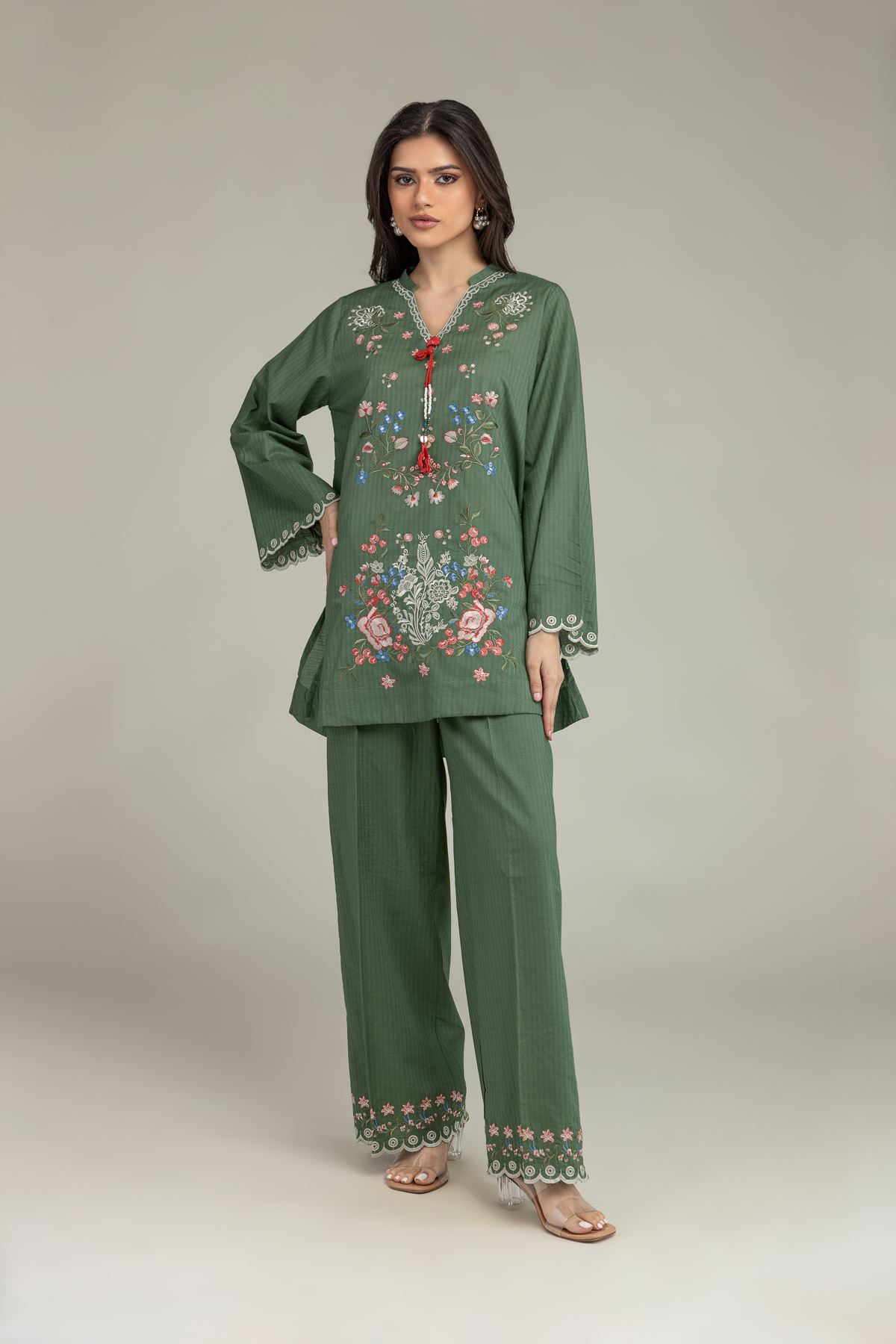 Embroidered Cotton Dobby Floral Green Pants - 1-26-225-A-F1-VG