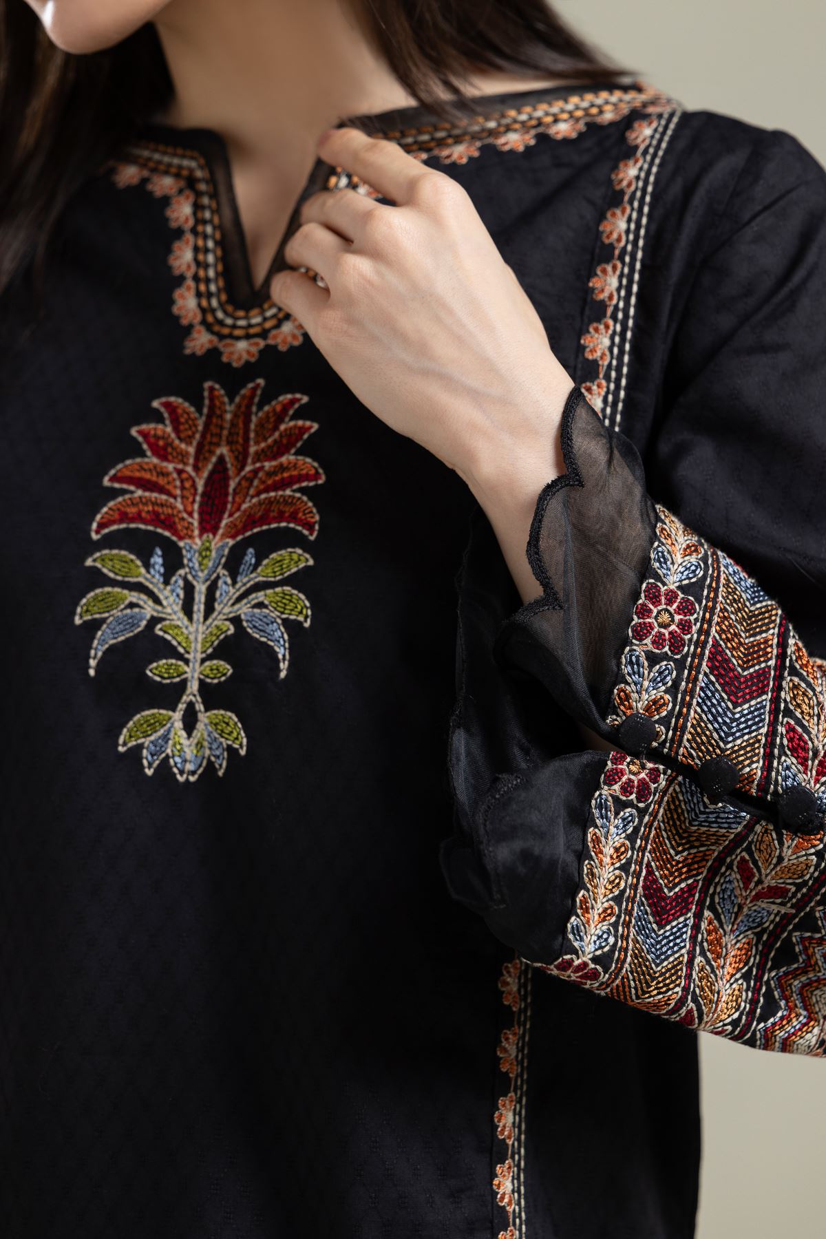 Embroidered Cotton Dobby Black Embroidered Kurta - 1-26-134-A-G-VG