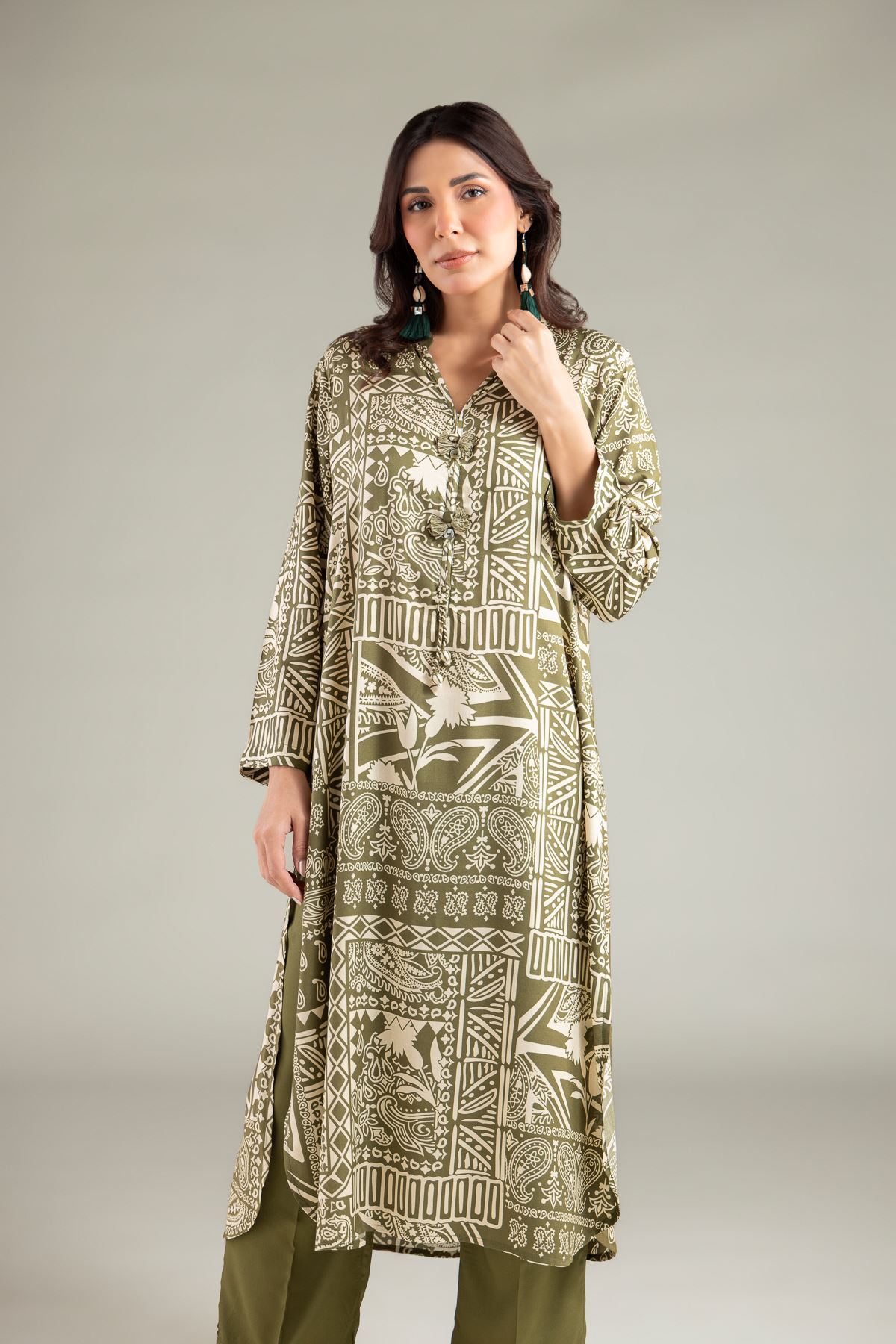 Printed Viscose Long V-Neck Kurta - 1-26-108-A-F-VG