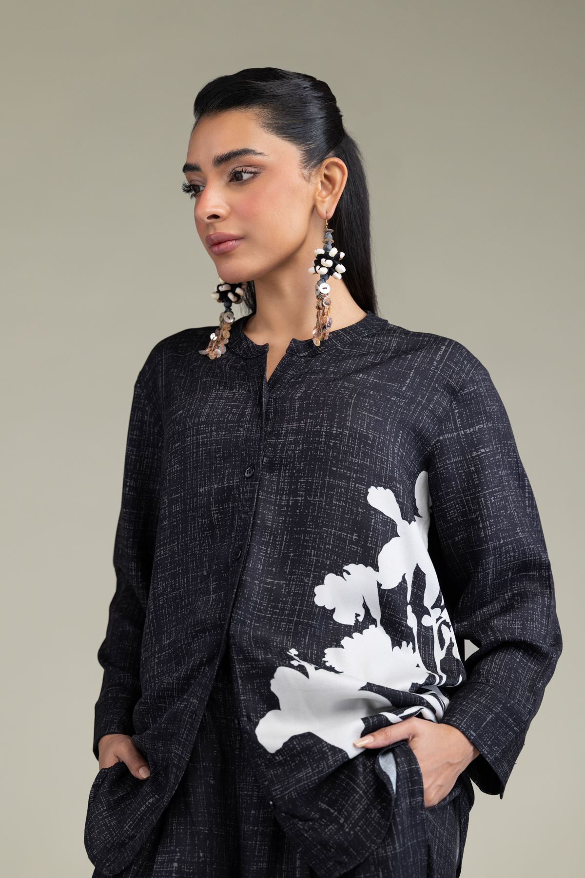 Printed Viscose Crepe Black Viscose Shirt - 25-09-12E2-03TA-VG