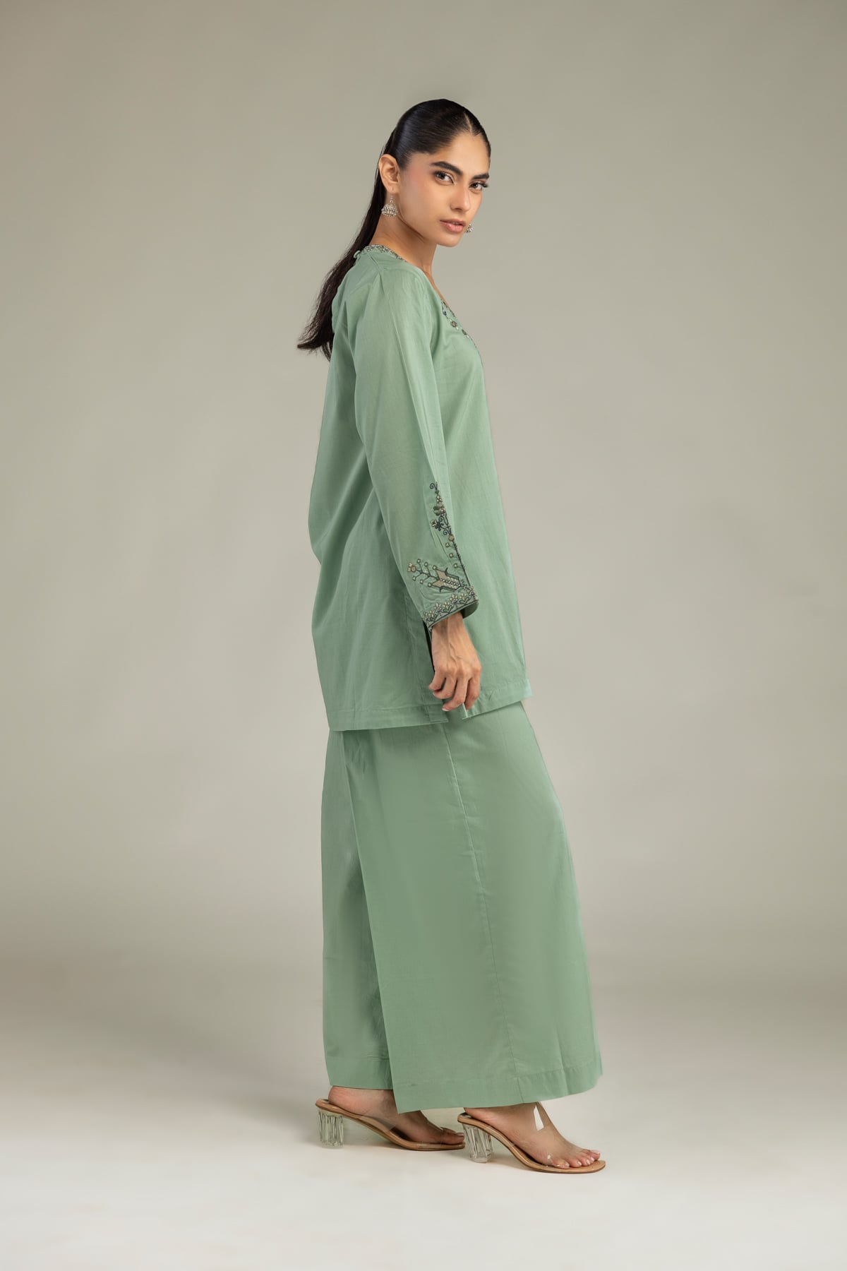 Embroidered Cambric Green Solid Pants - 1-26-102-A-F-VG