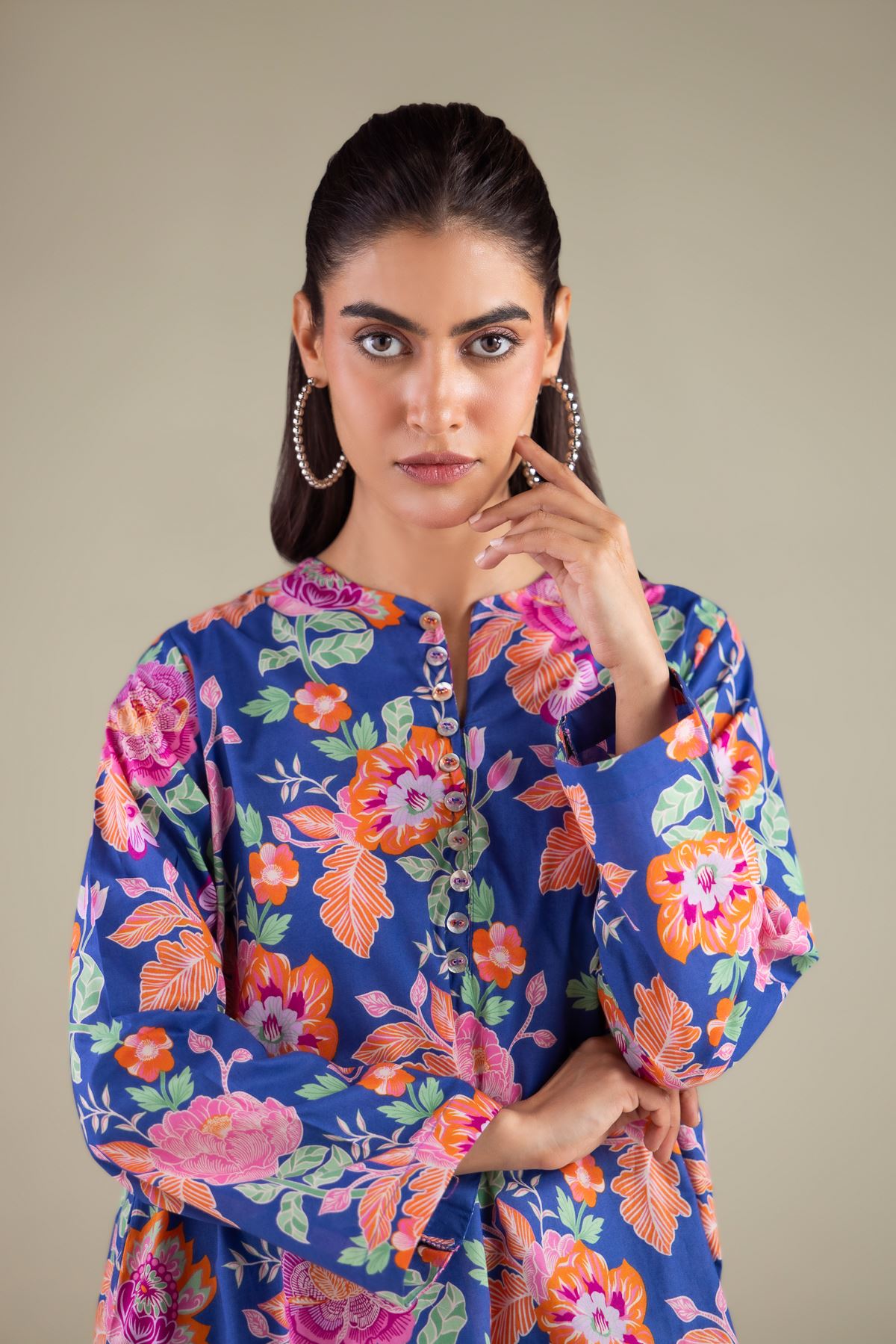 Printed Cambric Floral Button Kurta - 1-26-108-A-F-VG