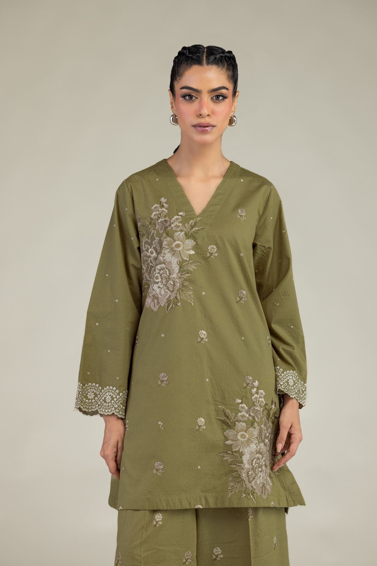 Embroidered Cotton Dobby Olive V-Neck Kurta - 25-10-12E5-12TA-VG
