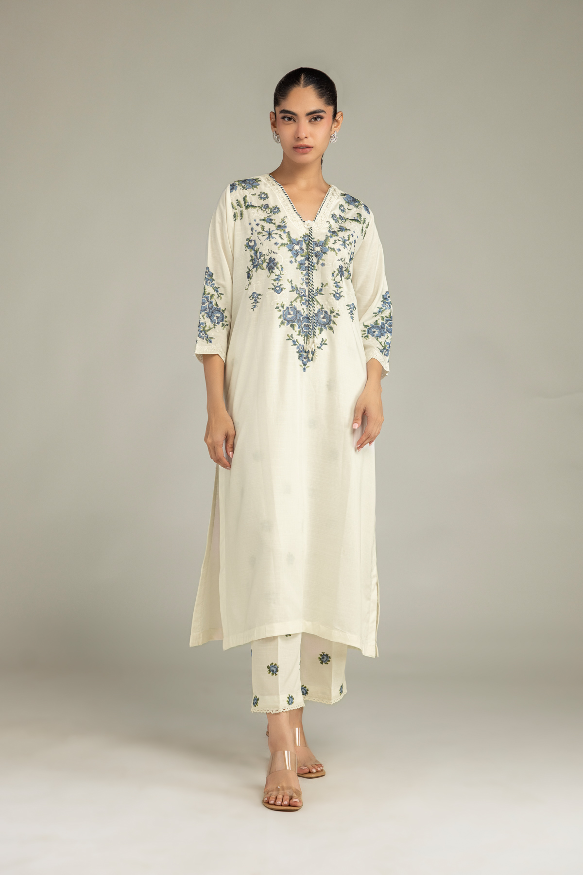 Embroidered Raw Silk Floral Silk Pants - 1-26-102-A-F-VG