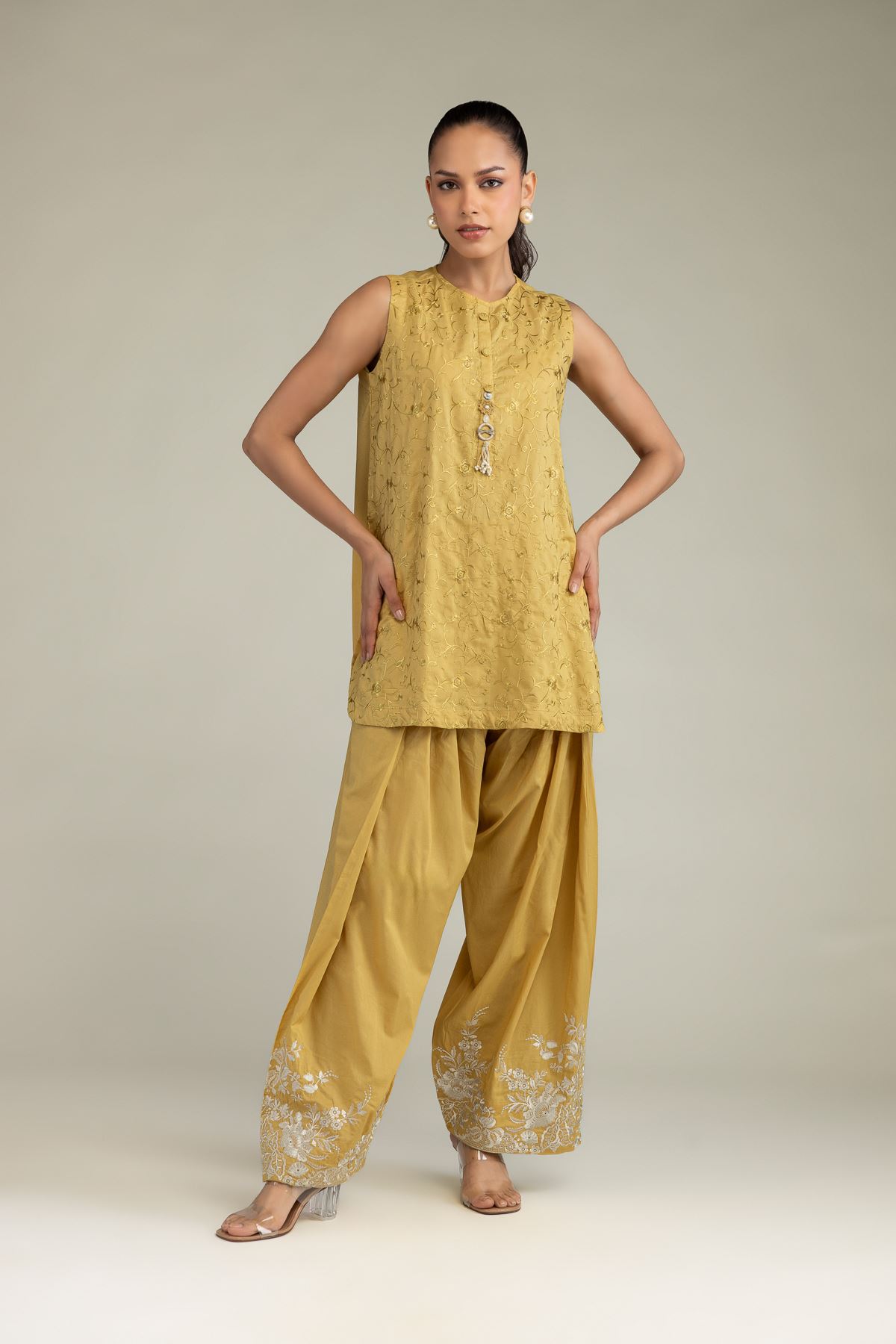 Embroidered Cambric Floral Sleeveless Kurta - 1-26-328-B-F1-VG