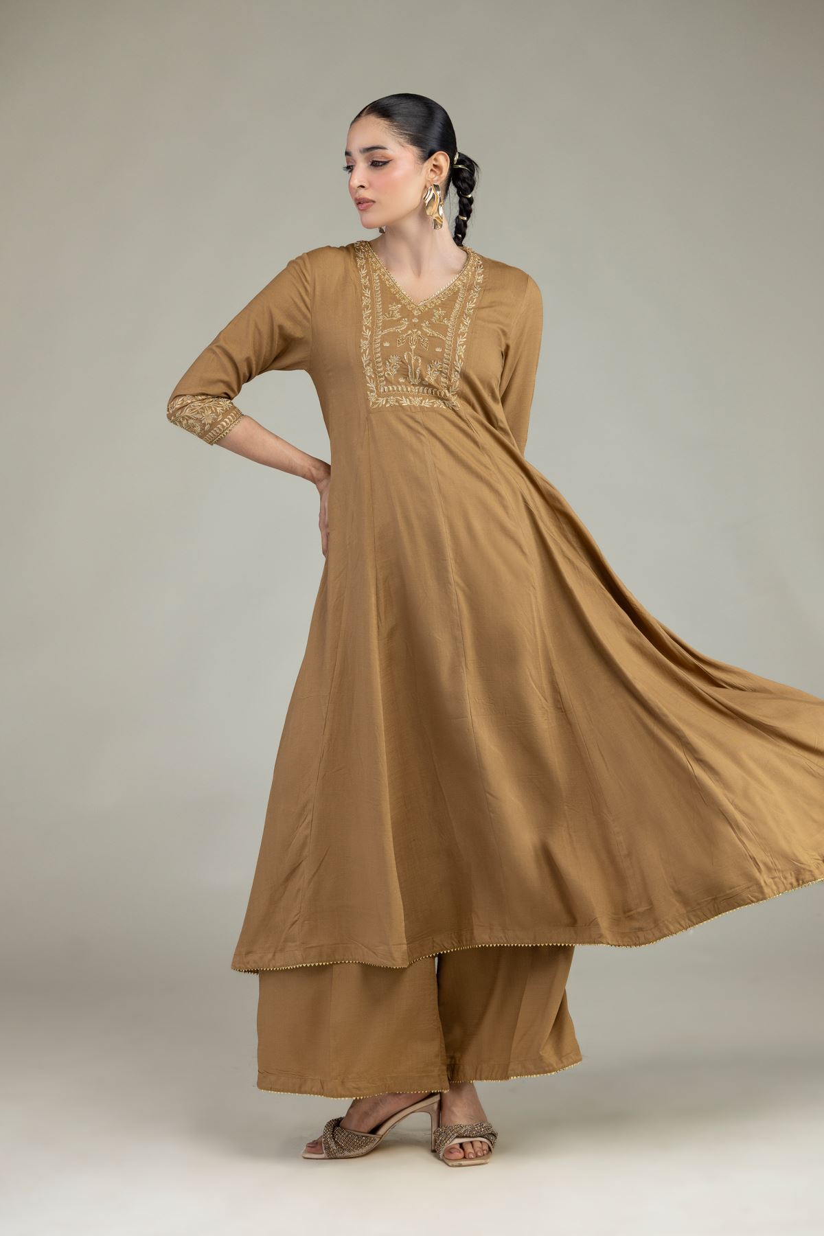 Embroidered Raw Silk V-Neck Silk Kurta - 2-26-203-A-F1-VG