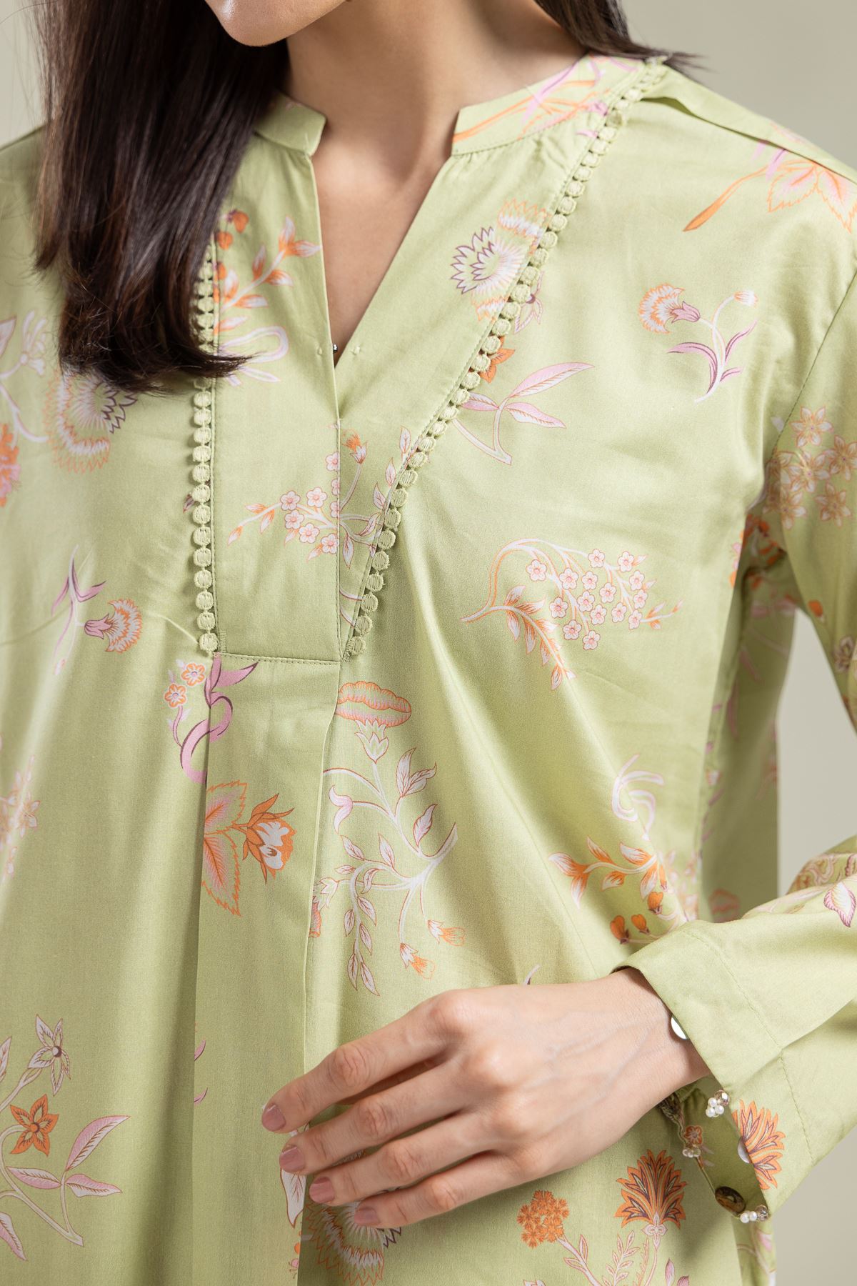 Printed Cotton Viscose Floral V-Neck Kurta - 1-26-135-A-D-VG