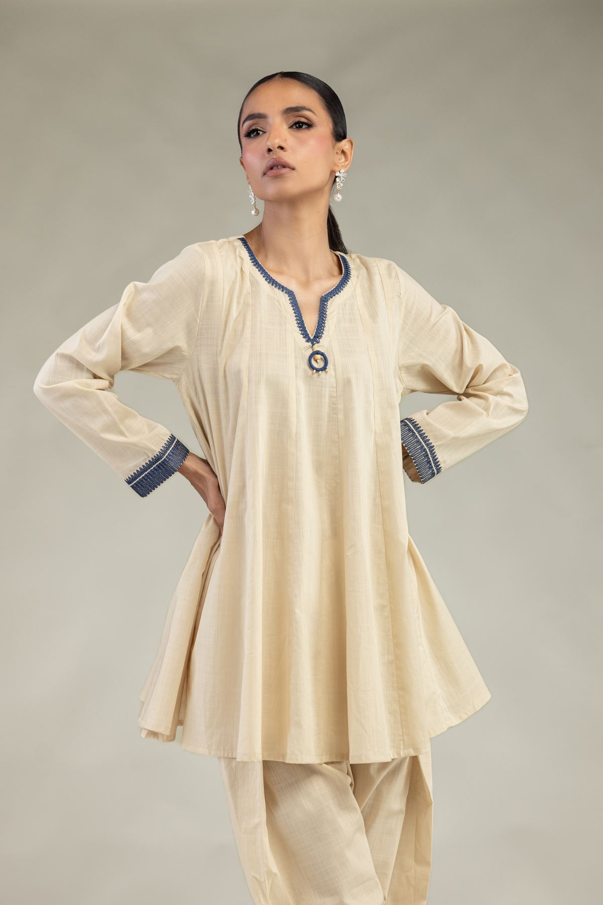 Textured Cotton Embroidered Short Cotton Kurta - 1-26-325-A-I1-VG