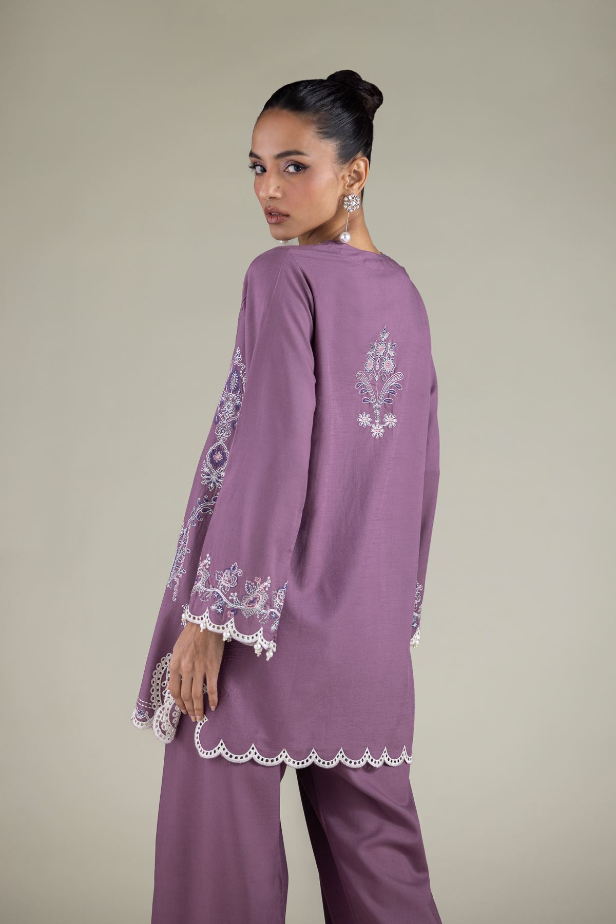 Embroidered Raw Silk Floral V-Neck Kurta - 2-26-105-A-D-VG