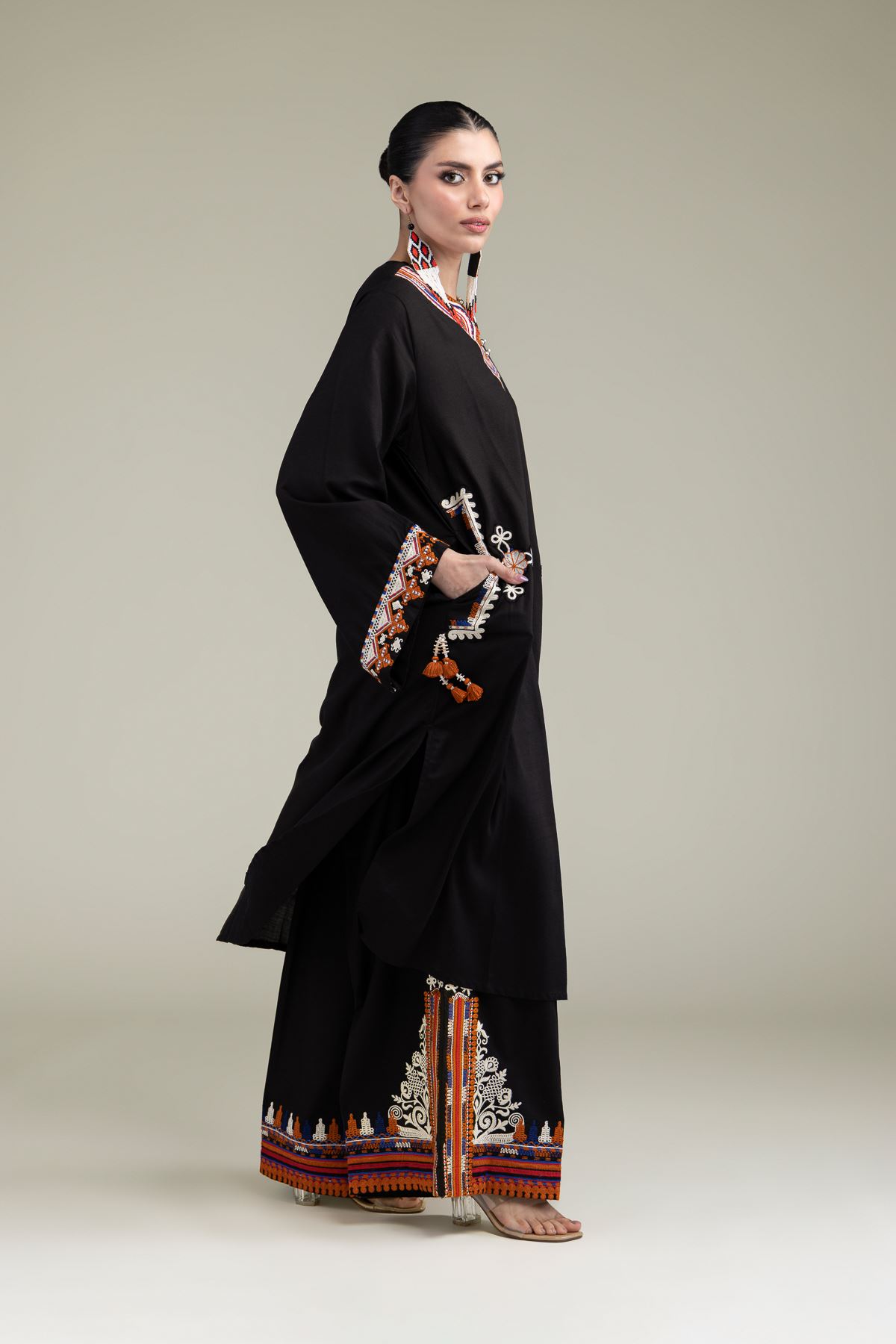 Embroidered Raw Silk Black Silk Pants - 2-26-204-A-E1-VG