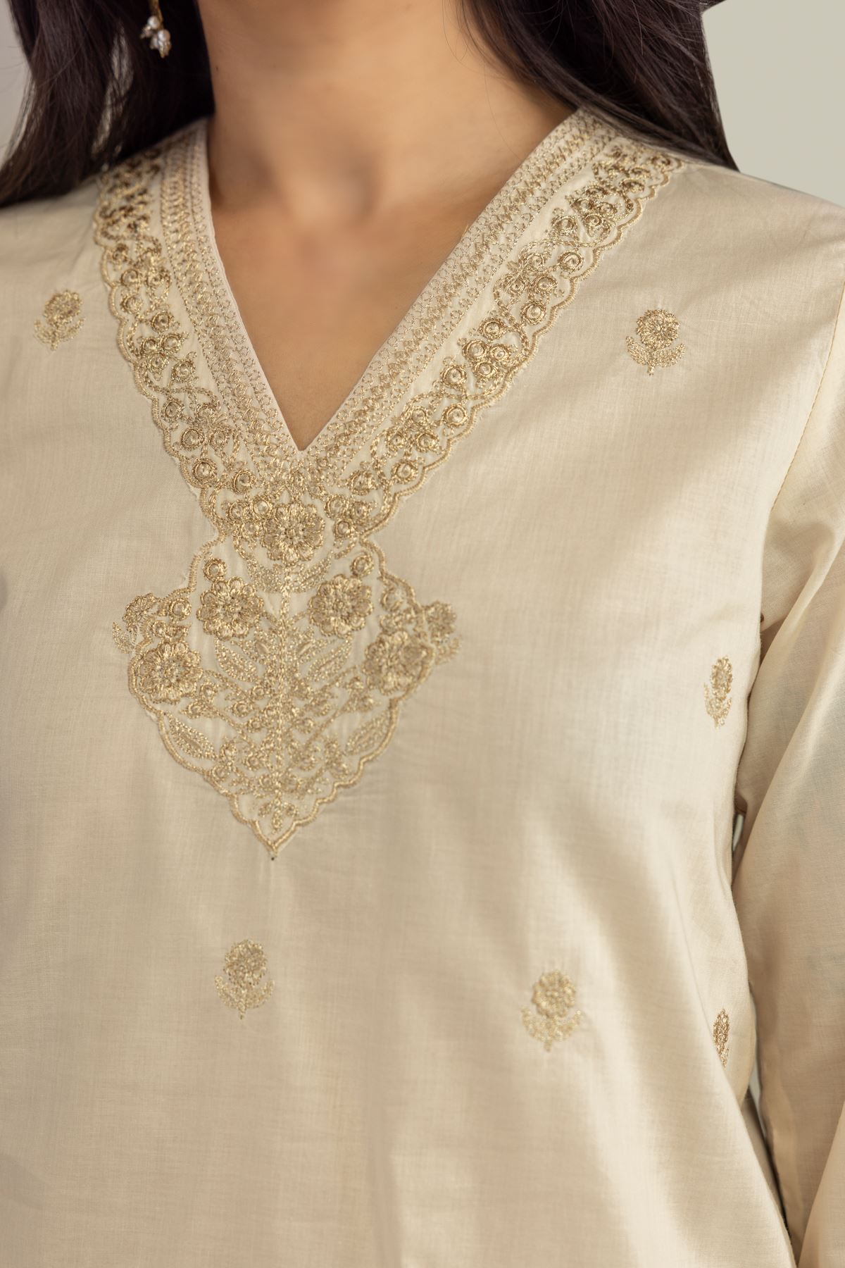 Embroidered Cambric Beige V-Neck Kurta - 8-26-303-A-C1-VG