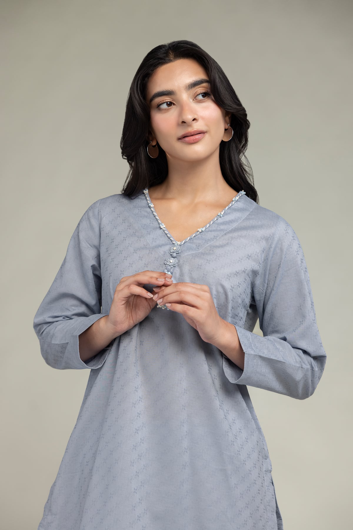 Dyed Cotton Dobby V-Neck Cotton Kurta - 1-26-244-A-D1-VG