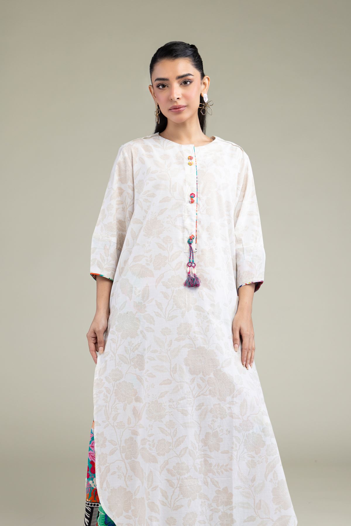Printed Cotton Dobby White Longline Kurta - 25-09-12E2-01TB-VG