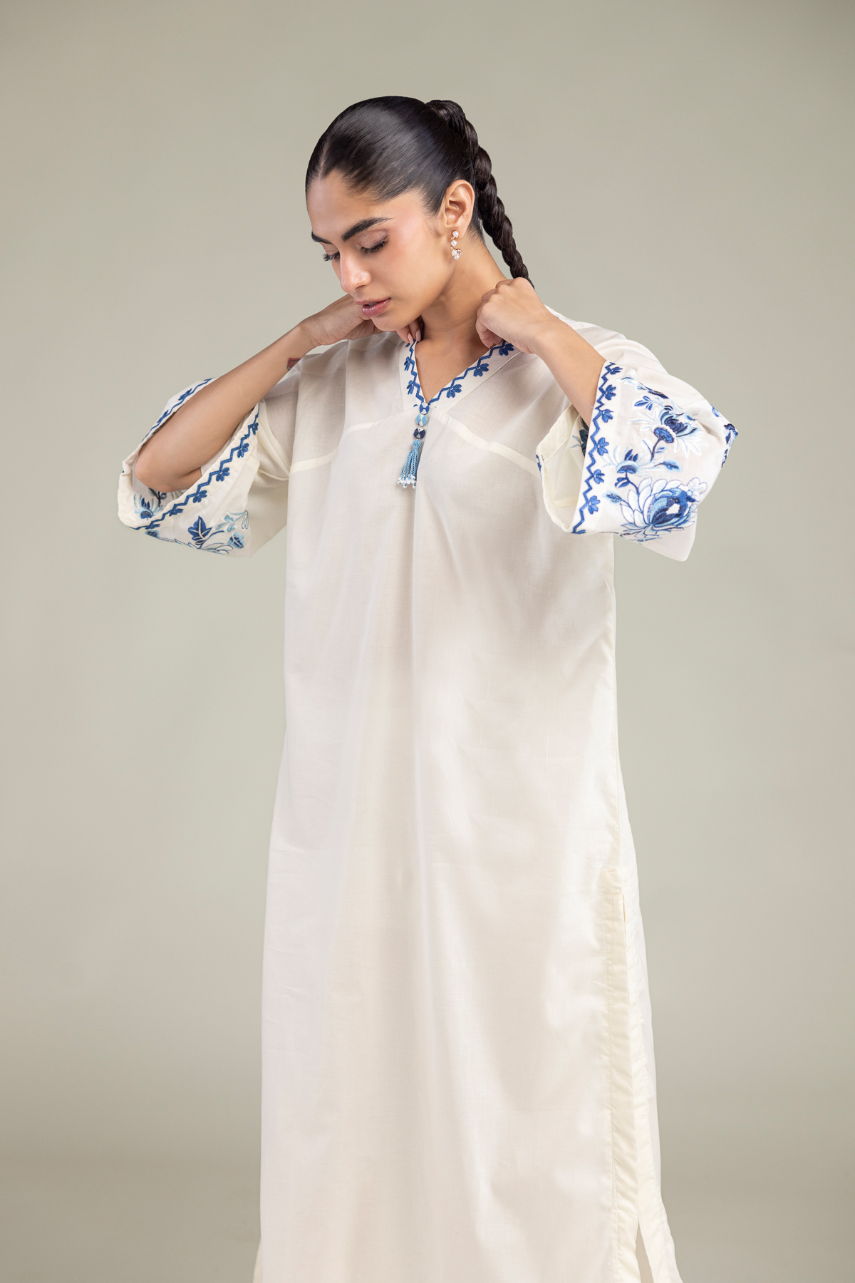 Embroidered Cambric Long Floral Kurta - 1-26-102-A-F-VG