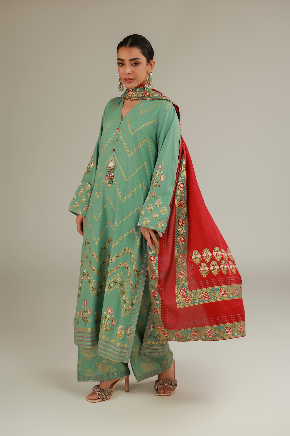 Raw Silk 3 Piece Co-ord Set - 2-26-103-A-F-VG
