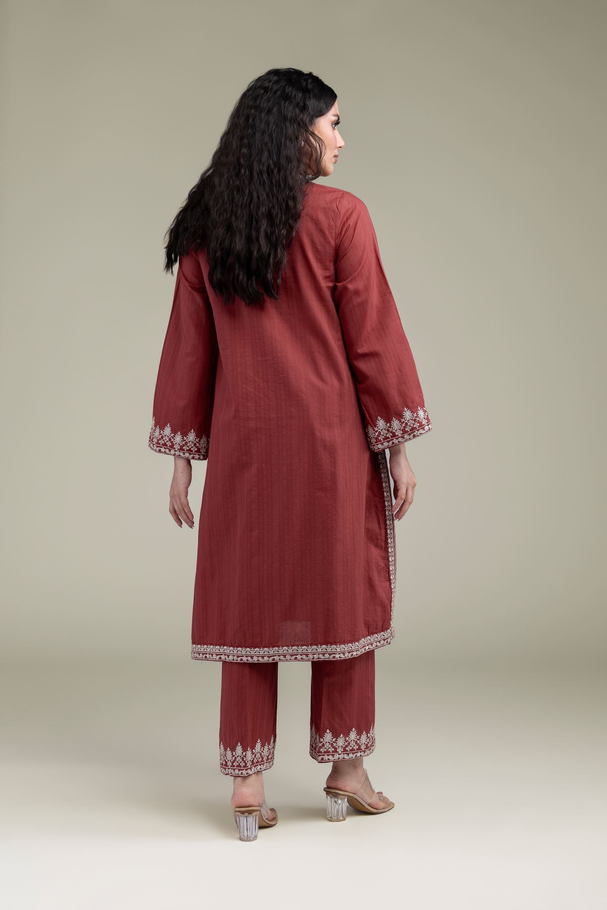 Embroidered Cotton Dobby Longline V-Neck Kurta - T-A11-26-108FE2-VG