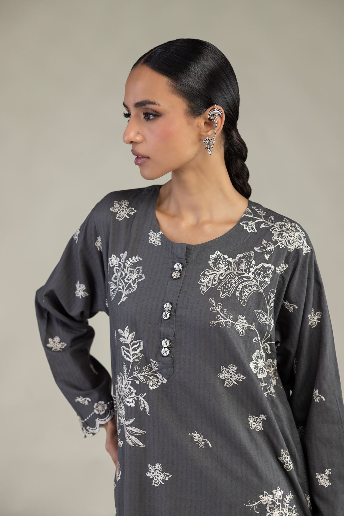 Embroidered Cotton Dobby Gray Longline Kurta - 1-26-226-A-I1-VG