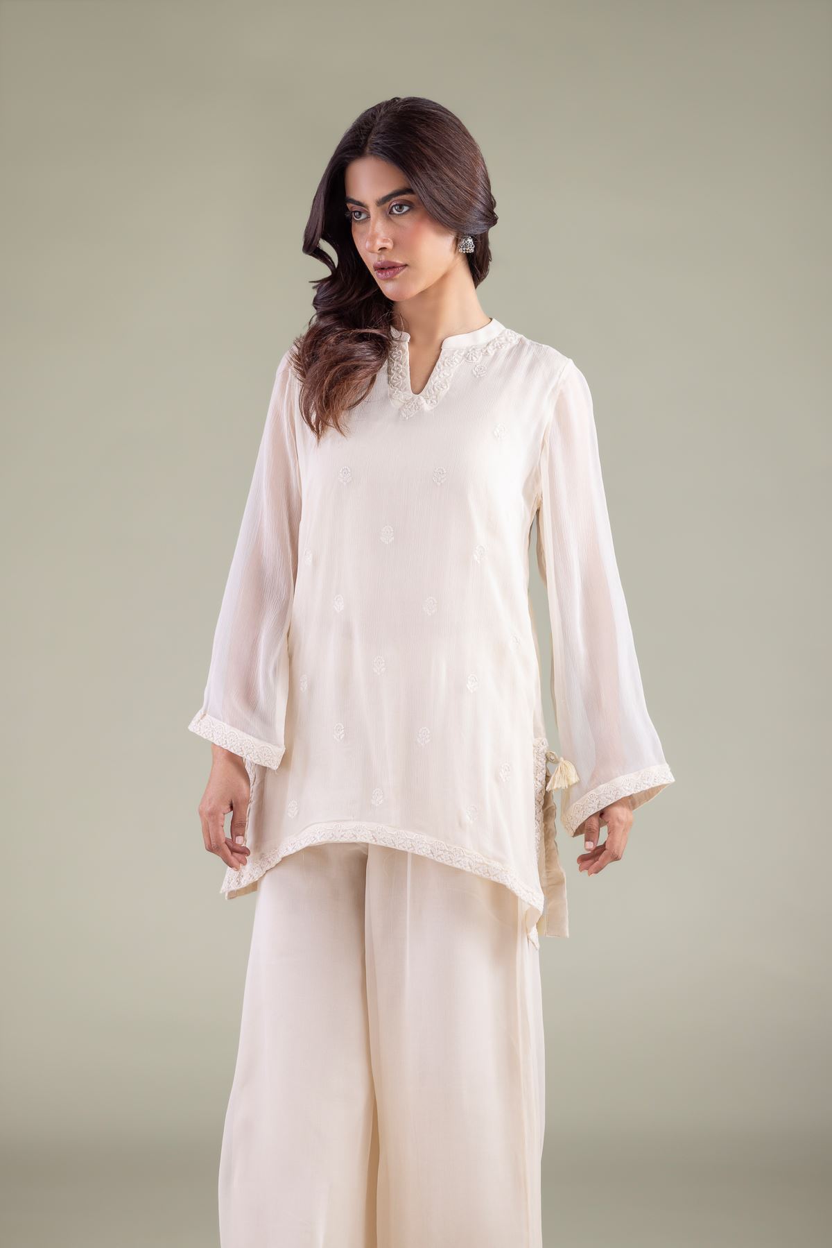 Embroidered Chiffon V-Neck Thread Kurta - R-LCP18405-VG