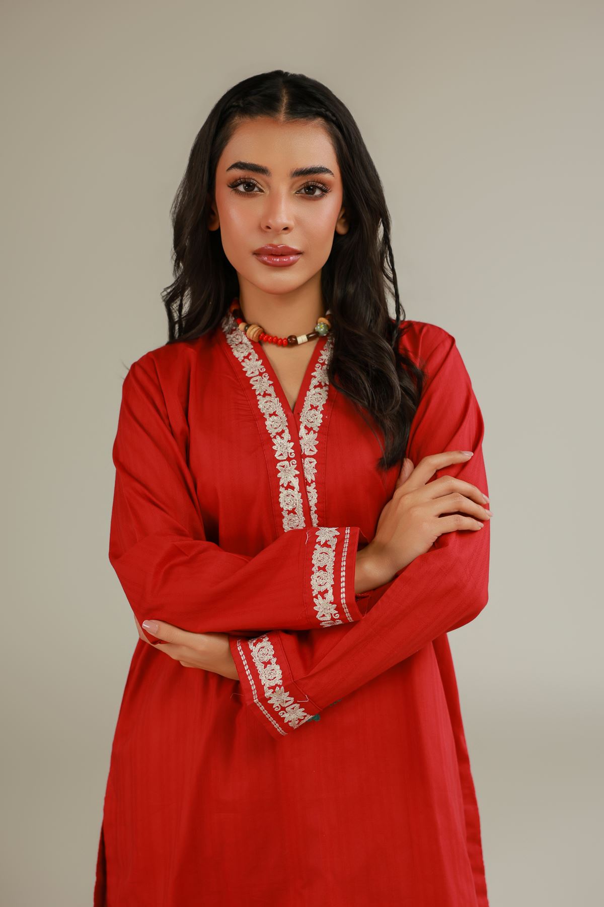 Embroidered Cotton Dobby Red Floral Kurta - 1-26-113-A-B-VG