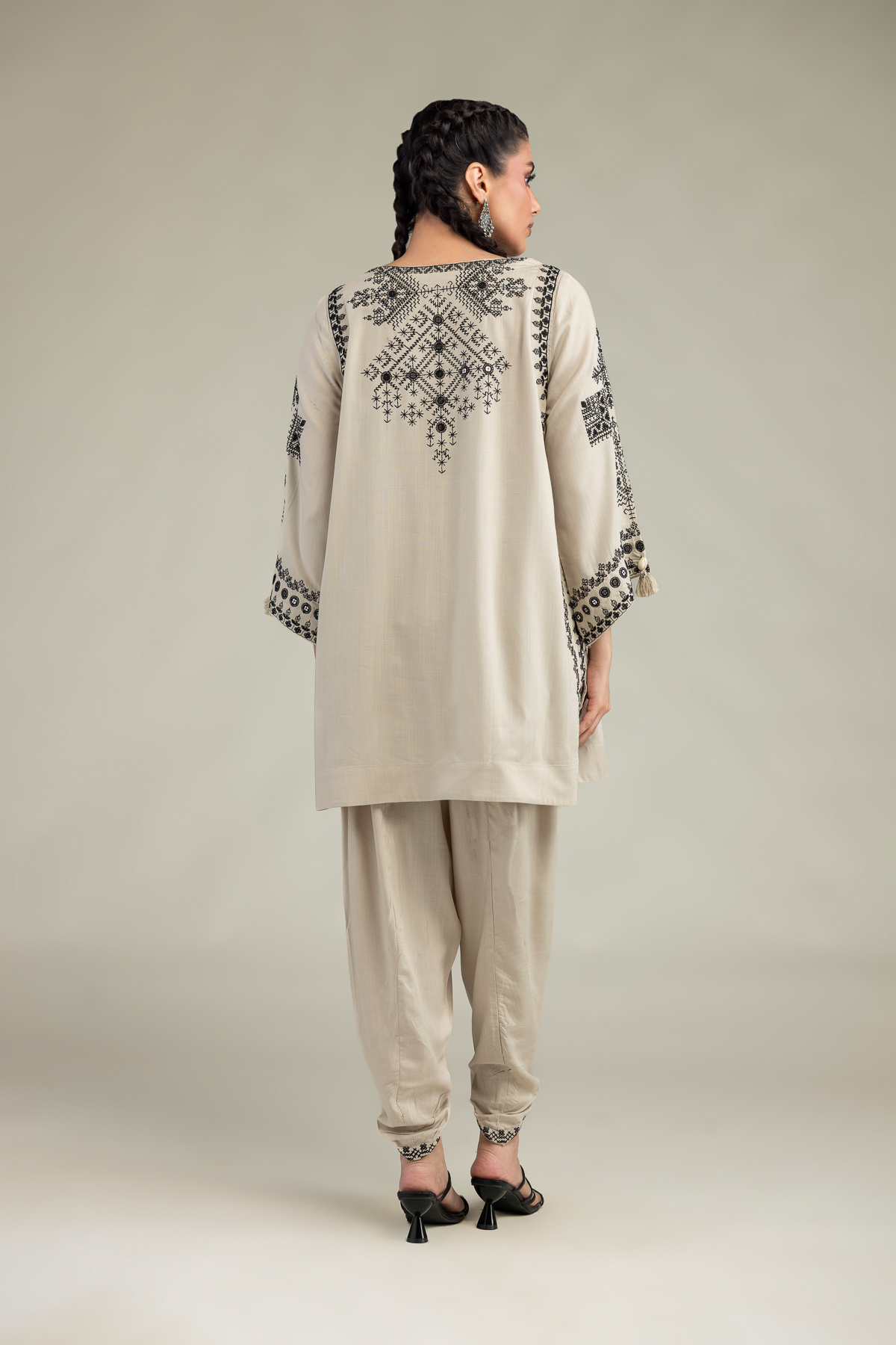 Embroidered Raw Silk Short Beige Kurta - 1-26-309-B-D1-VG