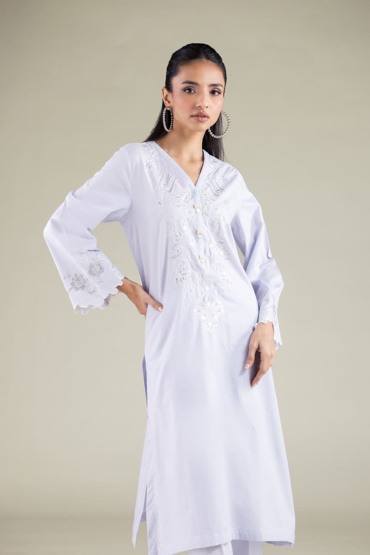 Embroidered Cotton Dobby Floral Longline Kurta - 1-26-115-B-F-VG