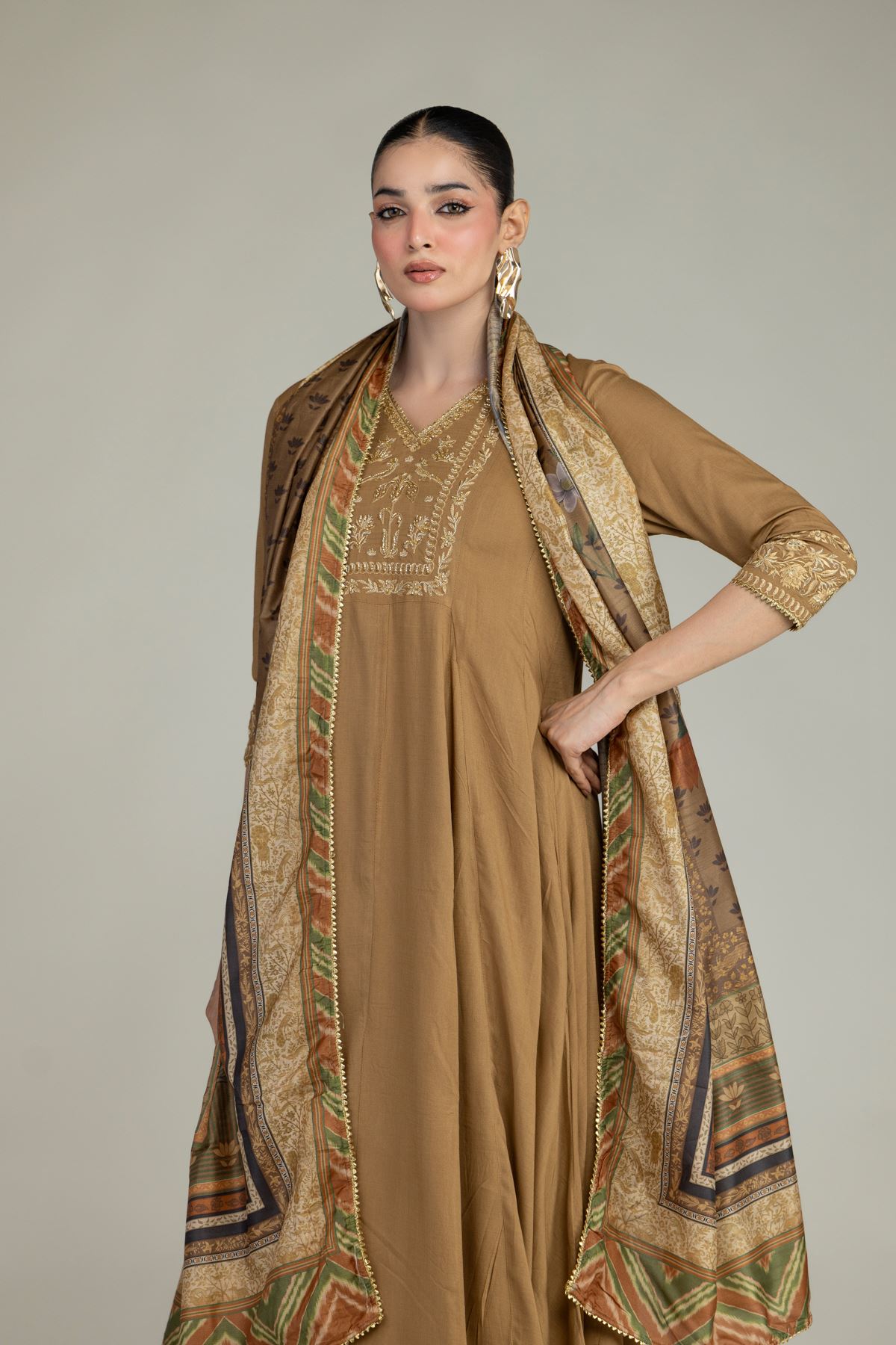 Printed Polyester Silk Floral Brown Dupatta - 2-26-203-A-B1-VG