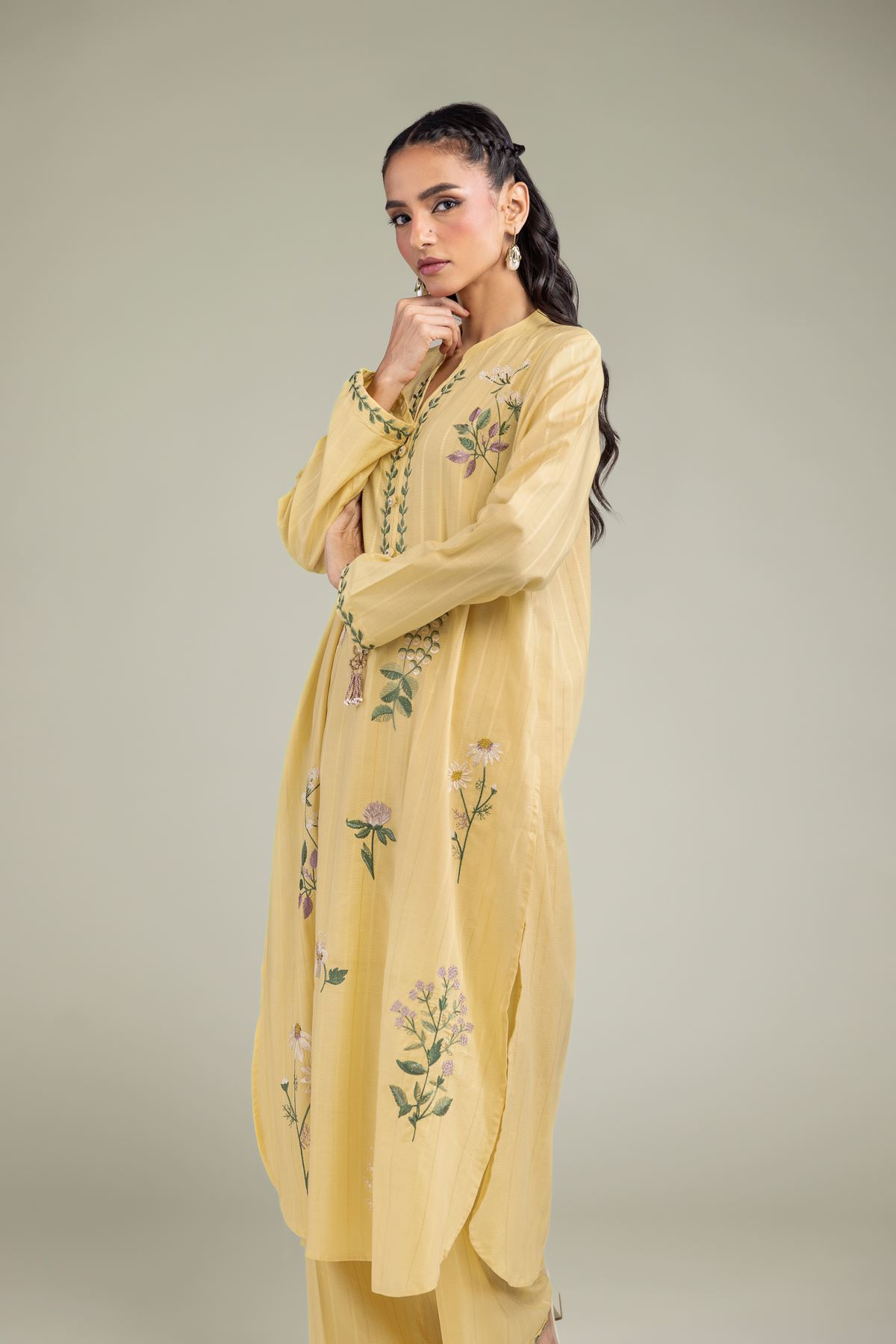 Embroidered Textured Cotton Cotton Longline Kurta - 1-26-206-A-F1-VG