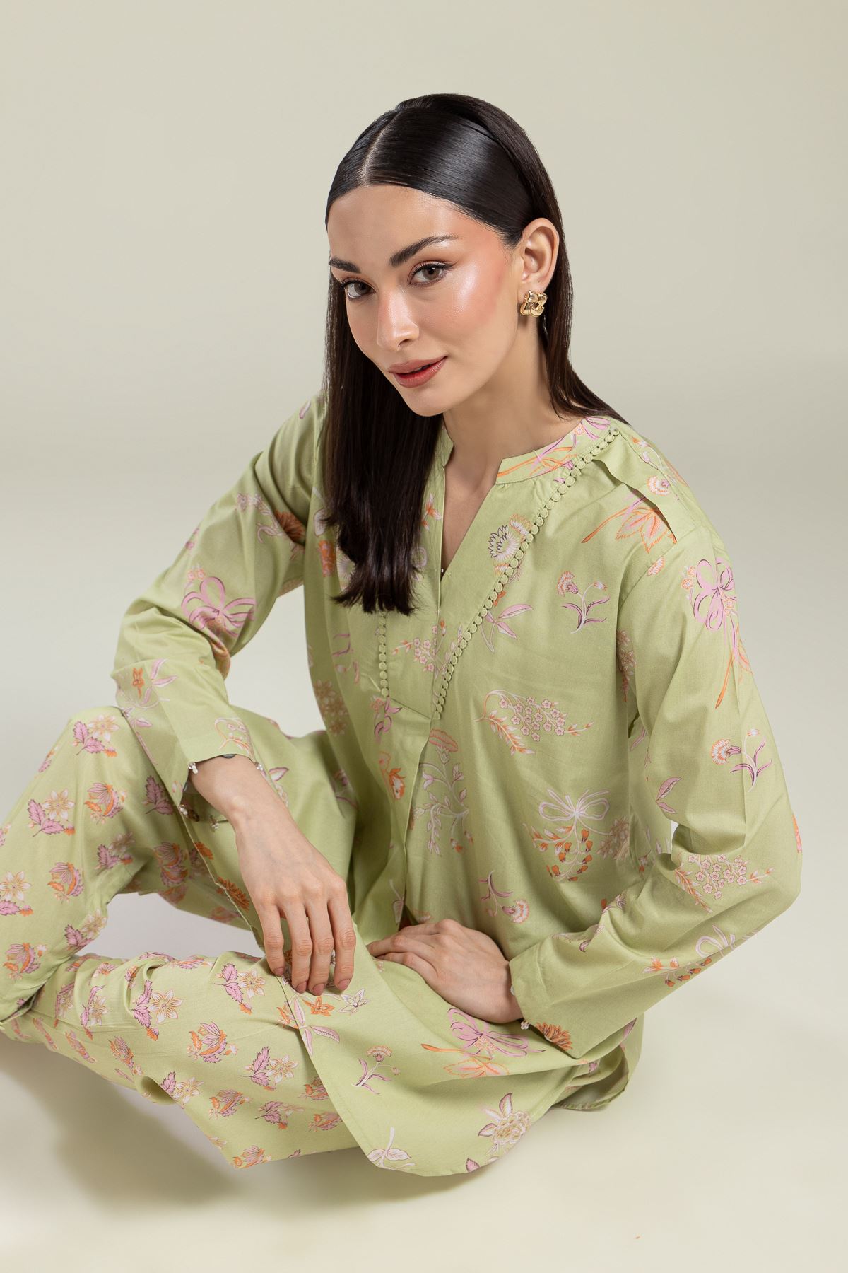 Printed Cotton Viscose Floral V-Neck Kurta - 1-26-135-A-D-VG
