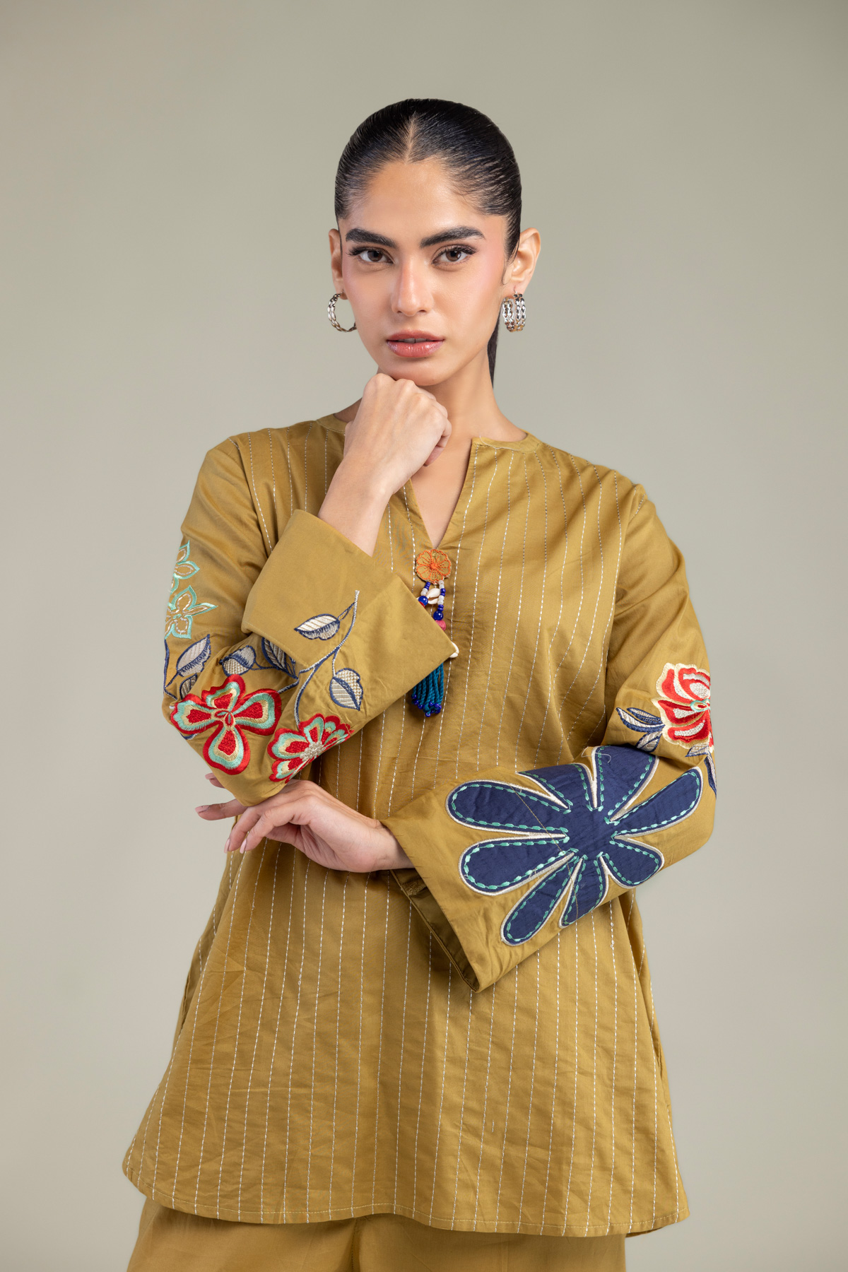 Embroidered Cambric Mustard V‑Neck Tunic - 1-26-102-A-F-VG