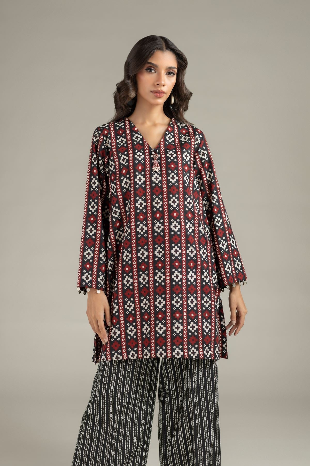 Printed Khaddar Geometric Tassel Kurta - 25-08-12E8-11TA-VG