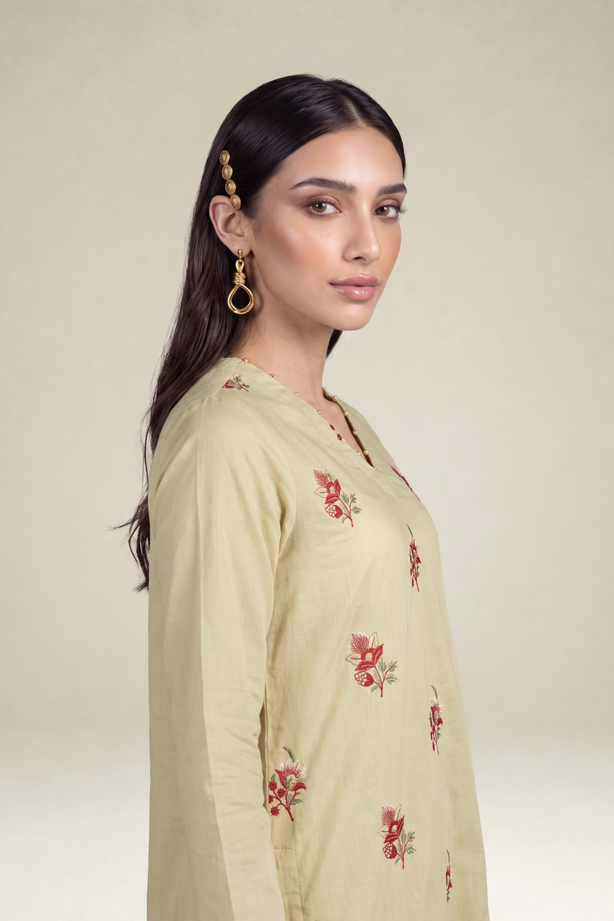 Embroidered Cambric Beige Cambric Kurta - 1-26-102-A-F-VG