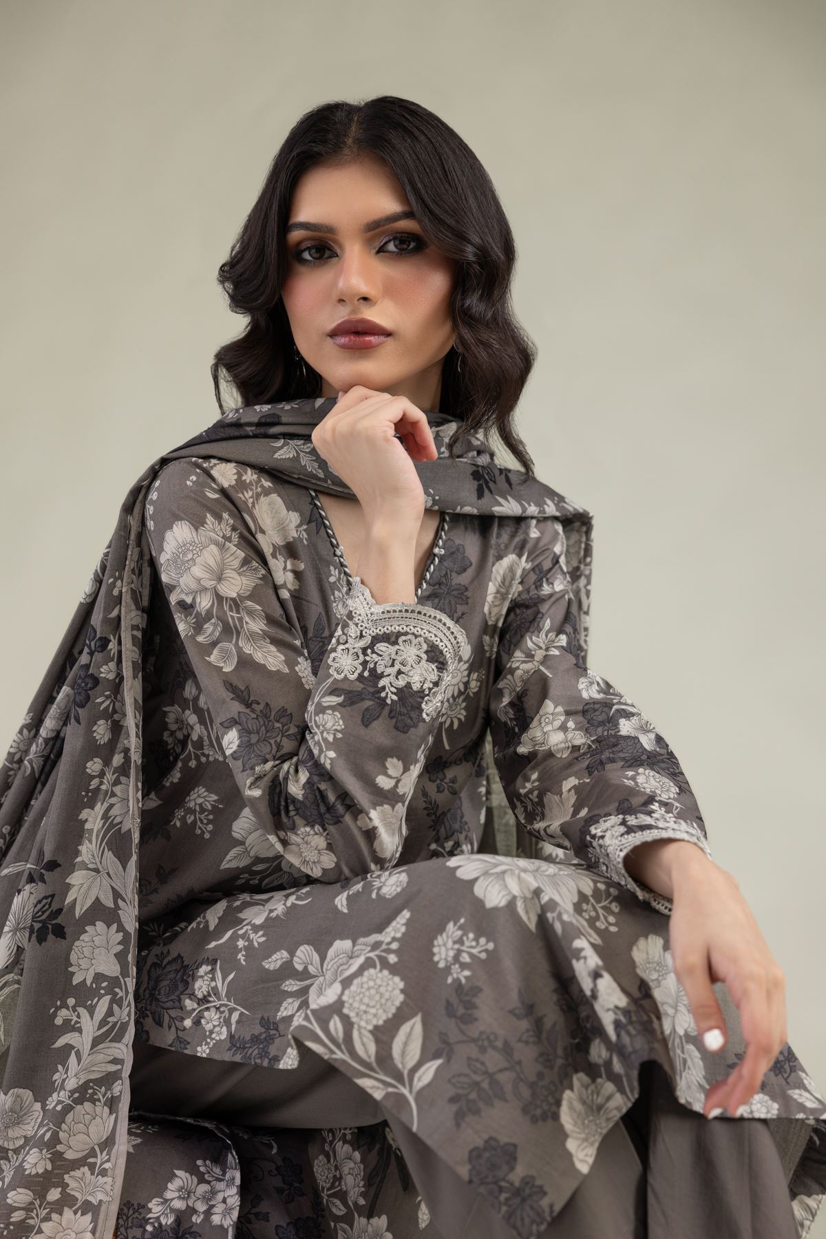 Embroidered Lawn Gray Lawn Dupatta - 1-26-244-C-H2-VG