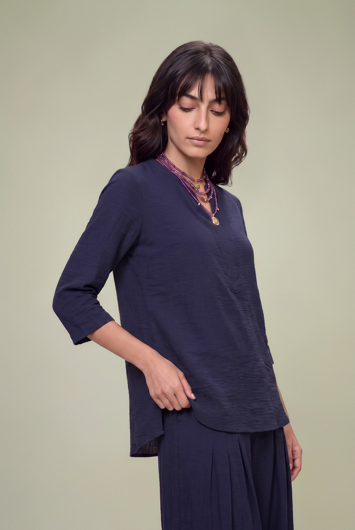 Dyed Textured Georgette V-Neck Navy Tunic - 1-26-229-B-F1-VG