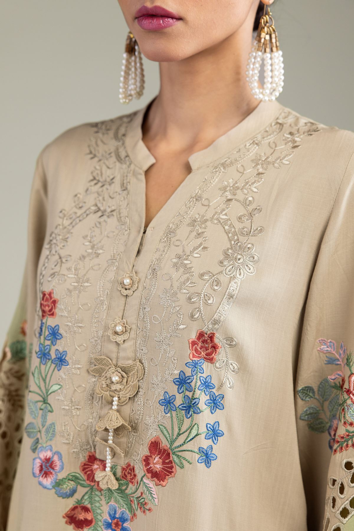 Embroidered Raw Silk Floral Silk Kurta - 1-26-131-A-B-VG