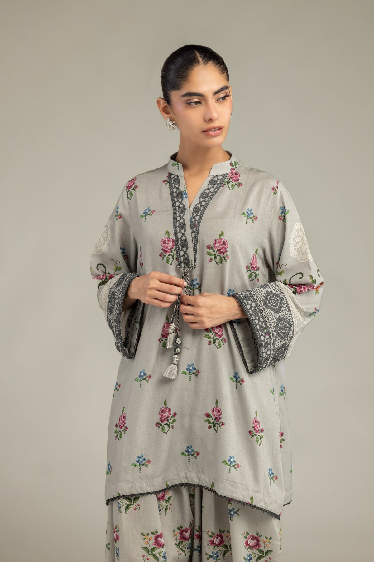 Embroidered Raw Silk Floral Gray Kurta - 1-26-102-A-F-VG