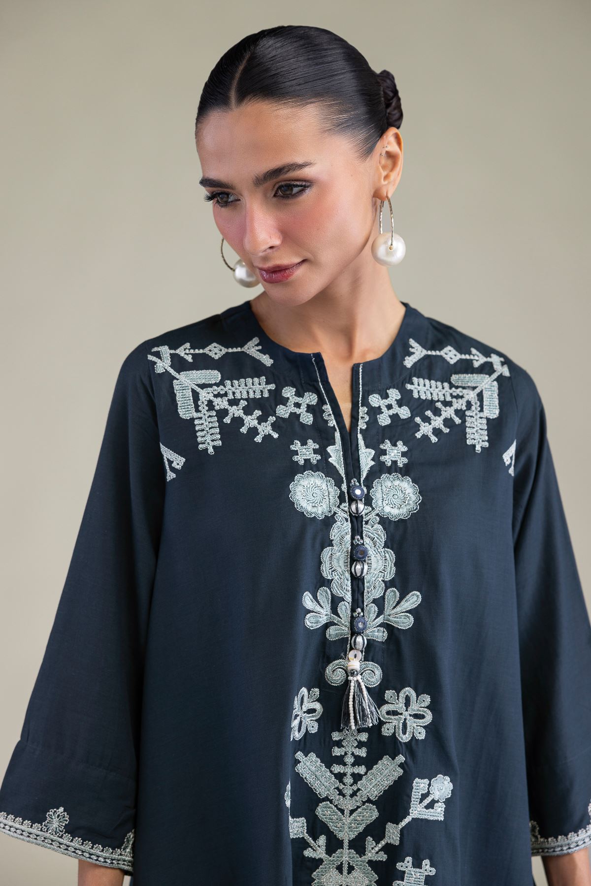 Embroidered Raw Silk Floral Navy Kurta - 8-26-209-A-D1-VG