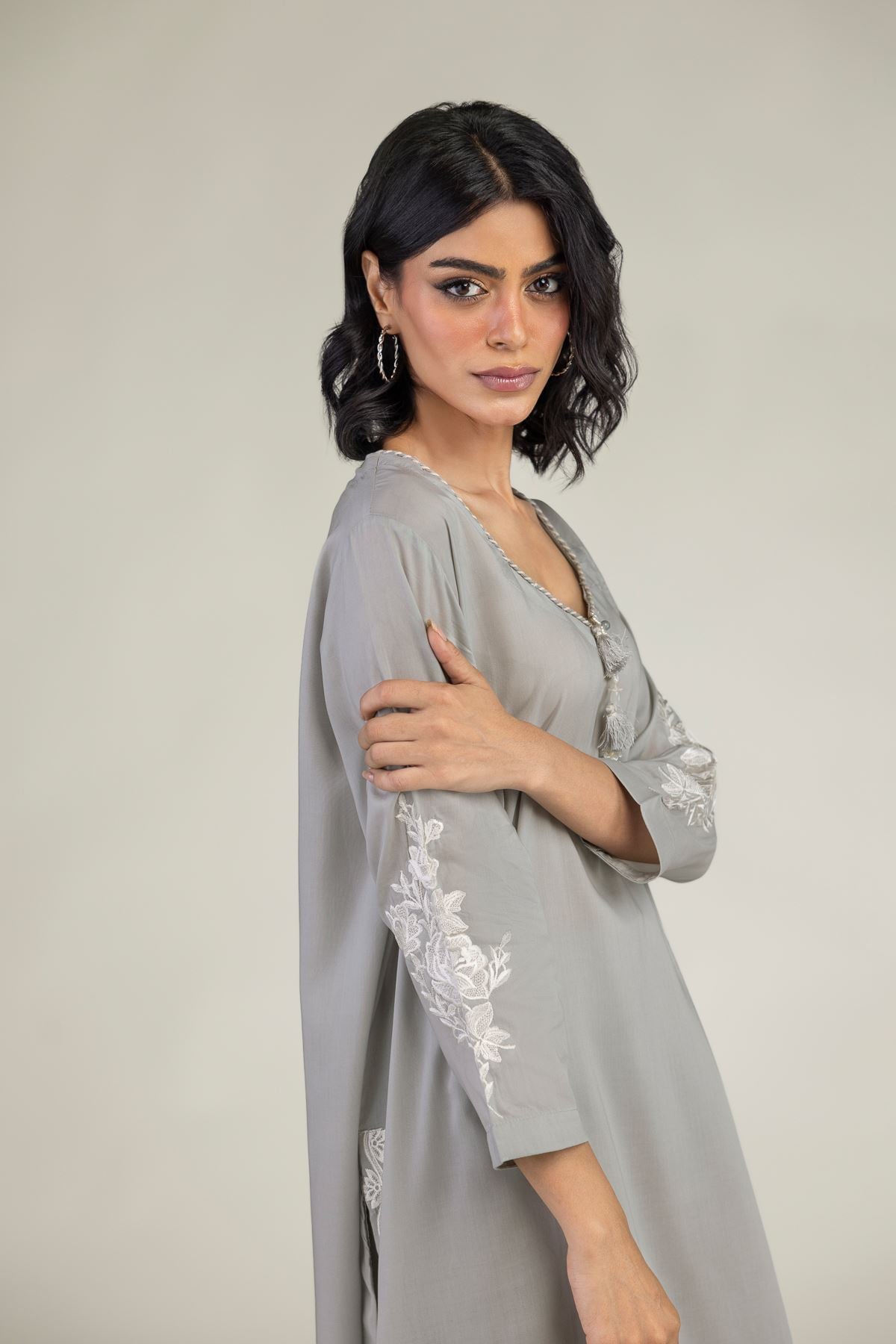 Embroidered Lyocell Gray Longline Kurta - 8-26-208-A-E1-VG