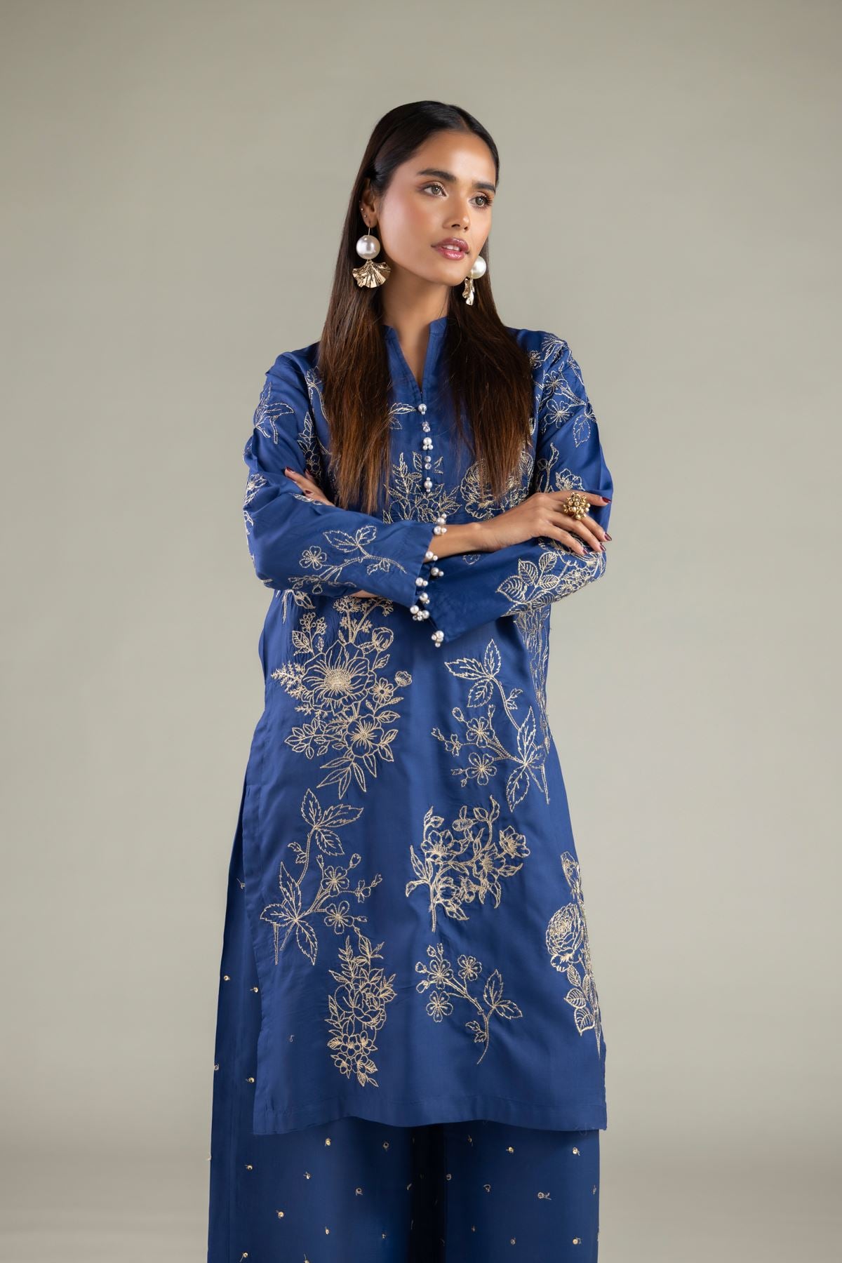 Embroidered Raw Silk Floral Longline Kurta - 2-26-101-A-B-VG