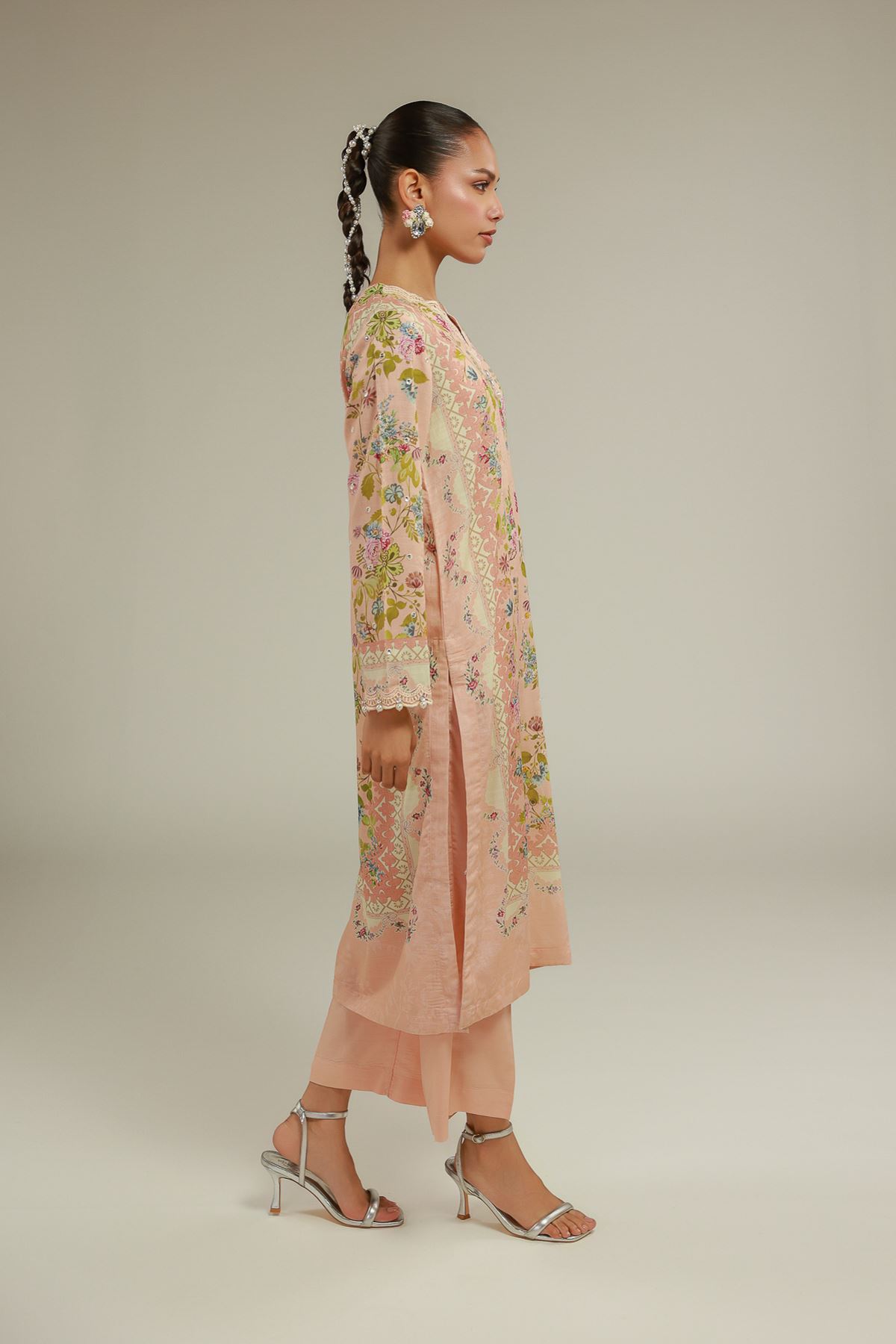 Embroidered Raw Silk Floral Longline Kurta - 2-26-101-A-D-VG