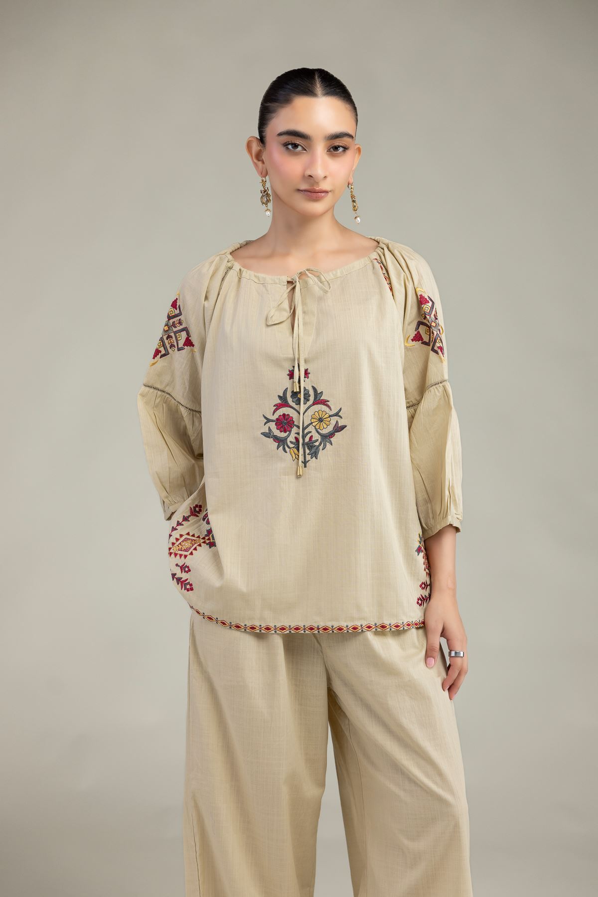 Embroidered Textured Cotton Floral Cotton Blouse - 6-26-204-A-D2-VG