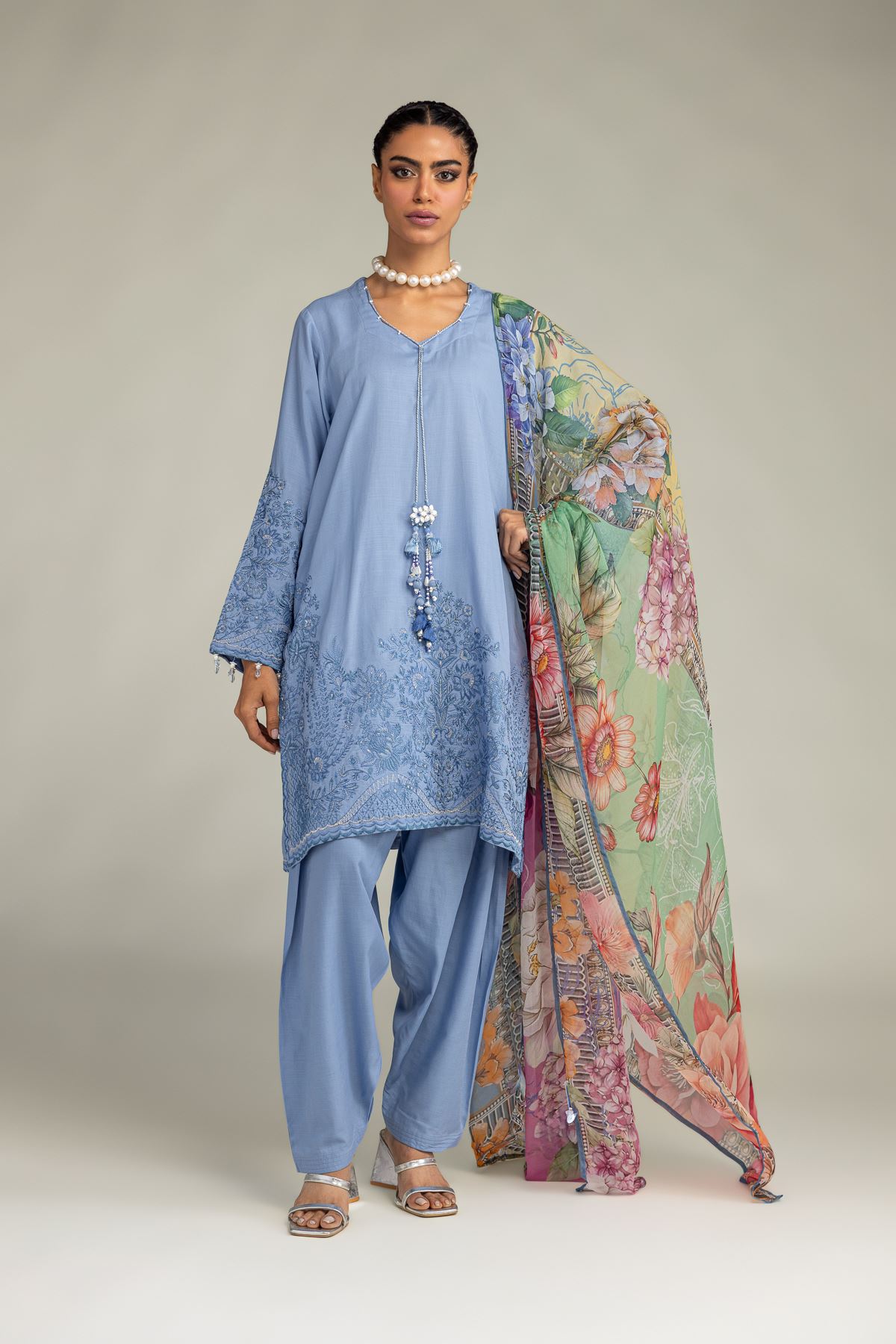 Embroidered Raw Silk Light Blue Kurta - 1-26-322-B-A1-VG