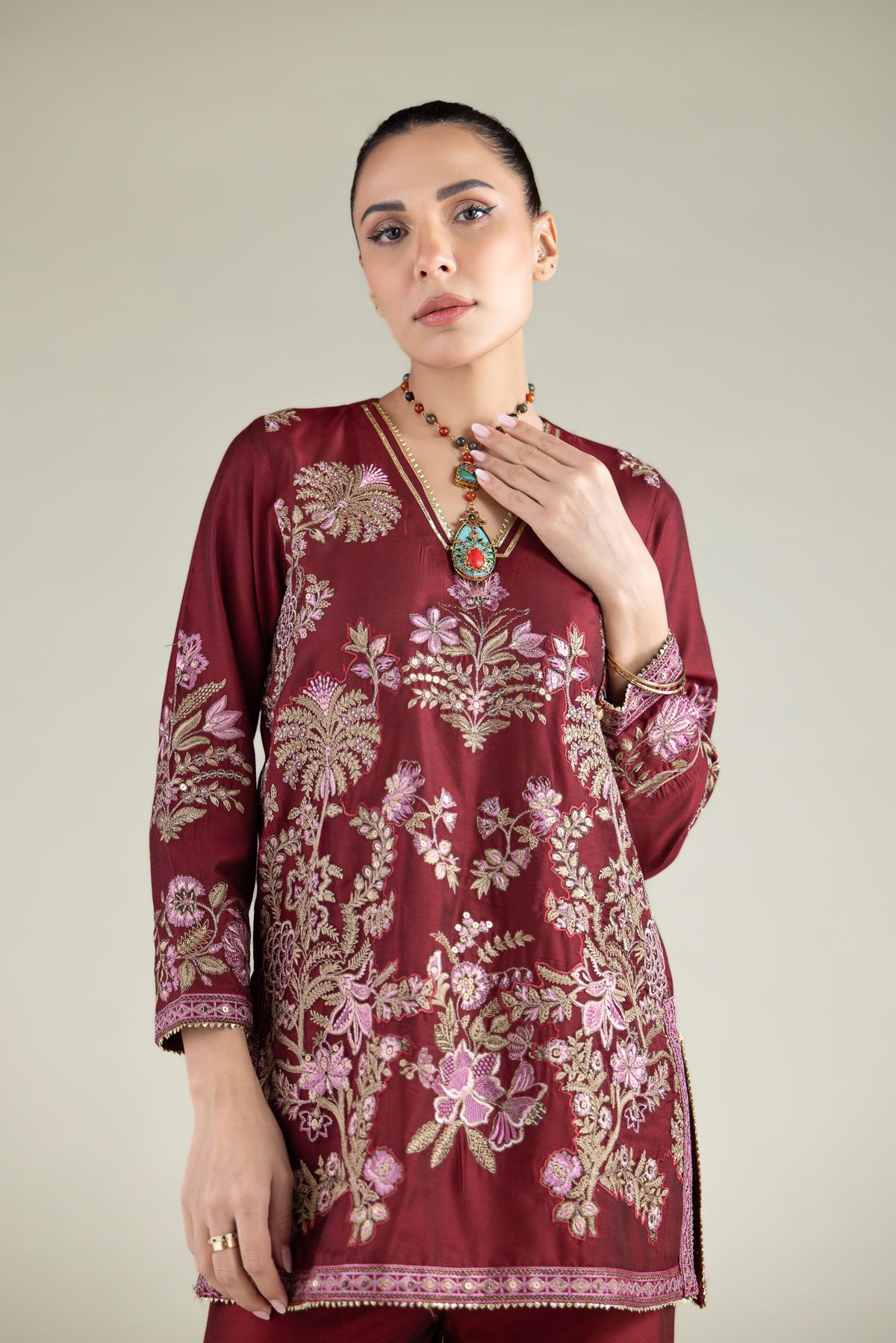 Embroidered Raw Silk Floral V-Neck Kurta - 2-26-105-A-E-VG