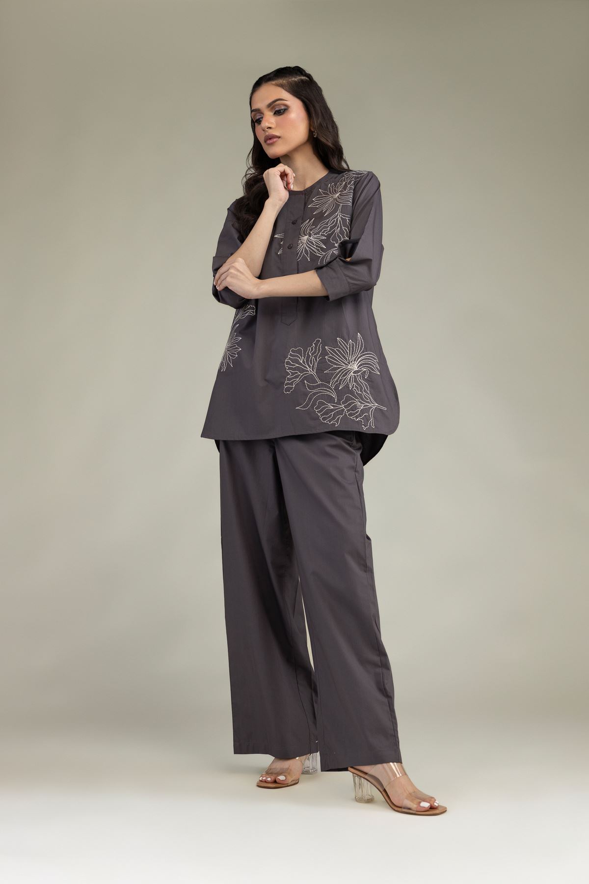 Embroidered Poplin Gray Poplin Shirt - 1-26-229-B-F1-VG