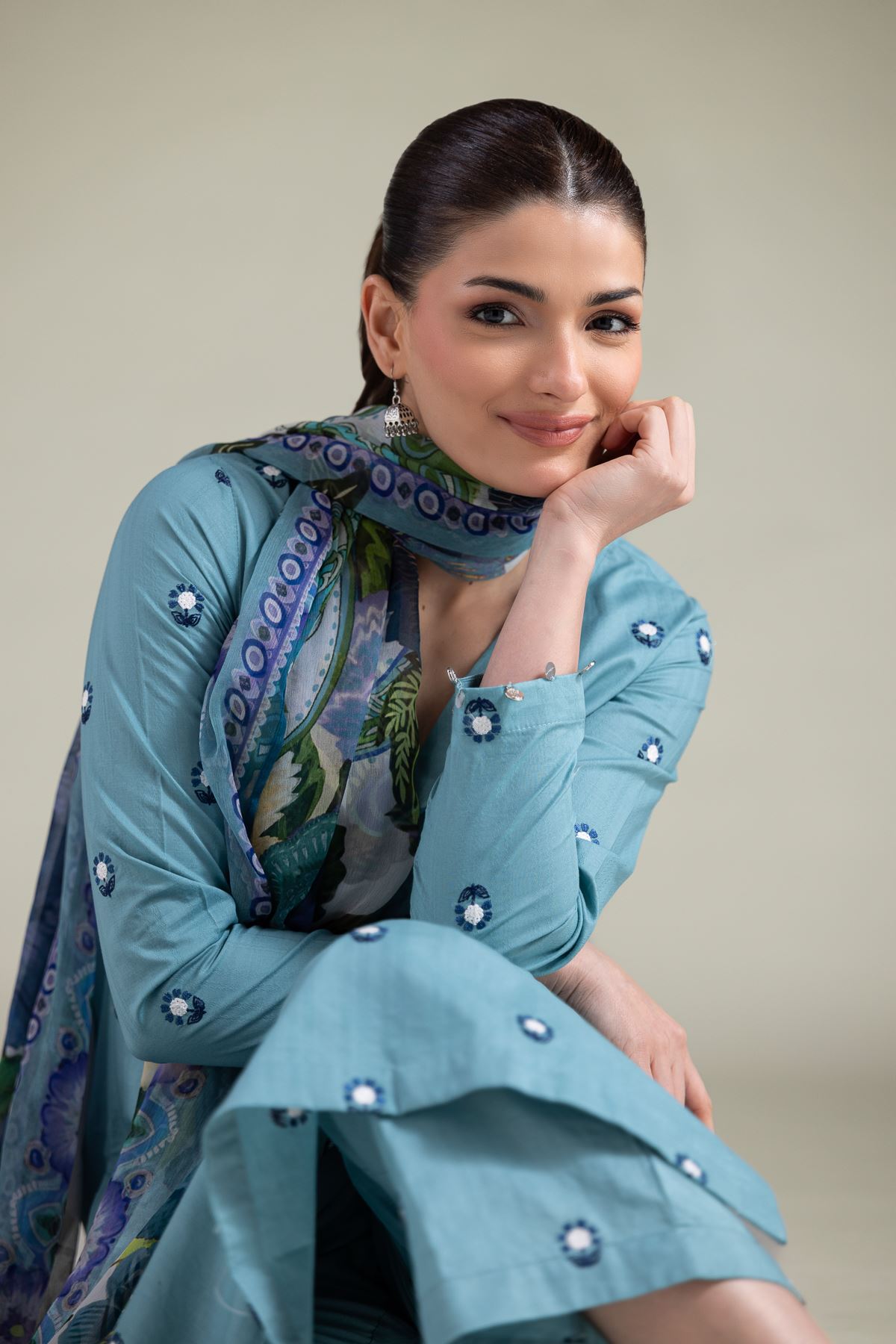 Embroidered Cotton Dobby Longline V-Neck Kurta - 1-26-113-A-F-VG